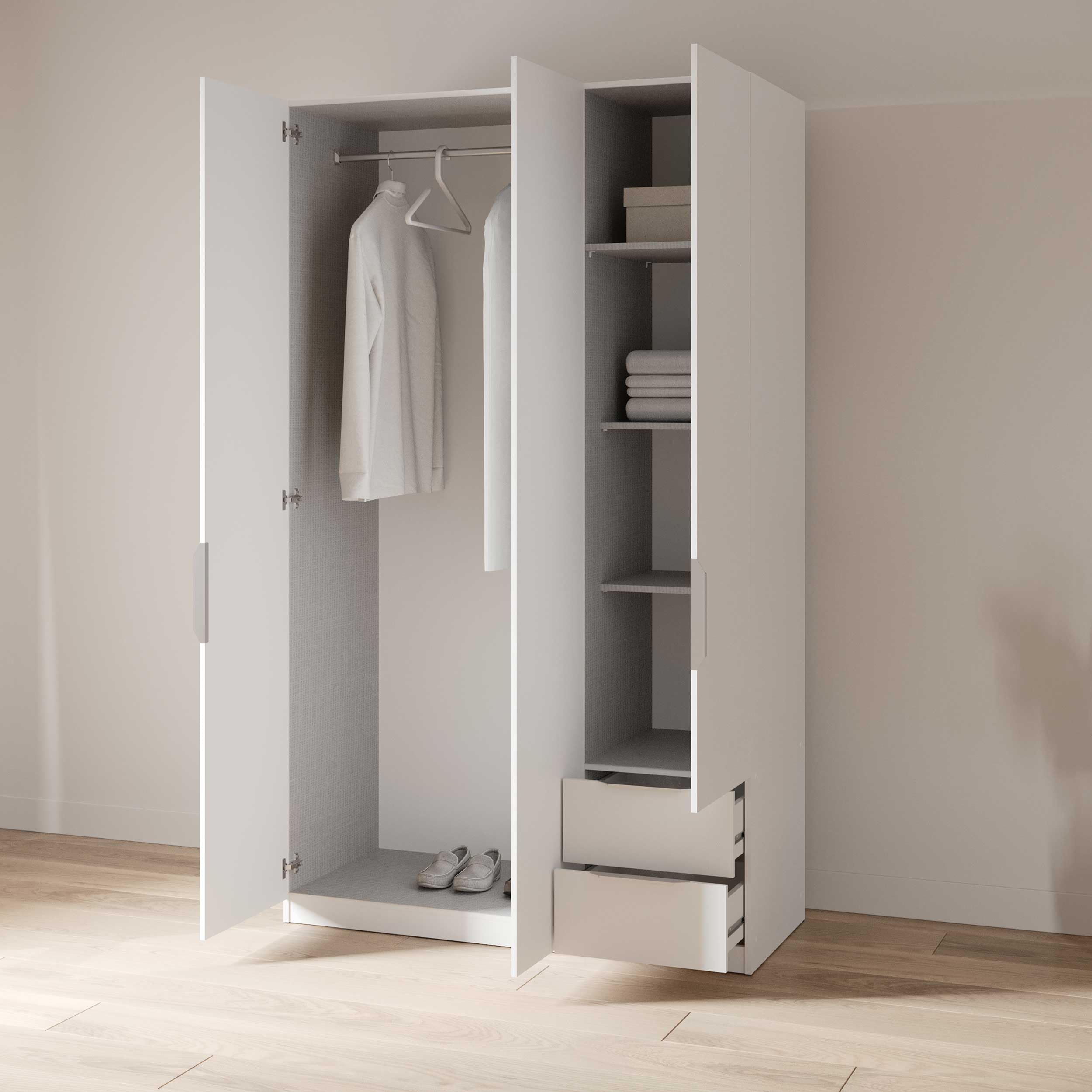 Armoire Dressing avec Penderie Moderne 3 Portes 2 Tiroirs 4 Niches – Coloris Blanc Mat - 119,4 x 51,1 x 203 cm