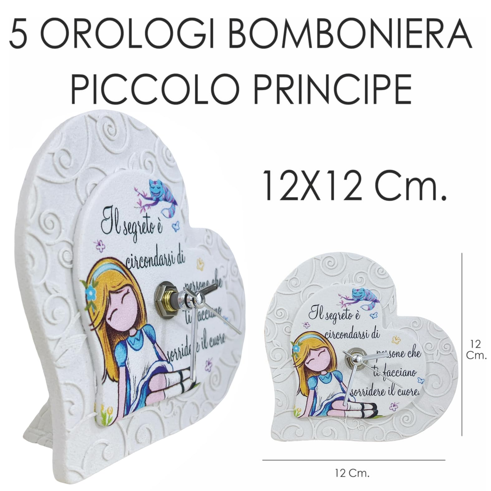 Generico Mi piace 5 Orologi Bomboniera Alice coordinato compreso (Alice)