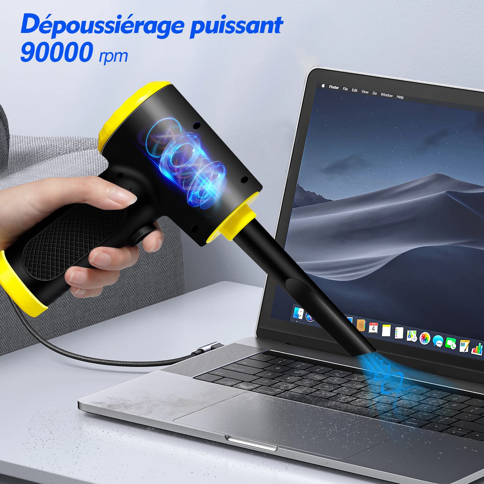 Anykuu Souffleur PC Electrique 7500 mAh，90000 TR/Min 3 Vitesses Bombe - Air Comprimé Nettoyage avec Lumière LED，Aspirateur Voiture Rechargeable, Dépoussiérants Puissants.