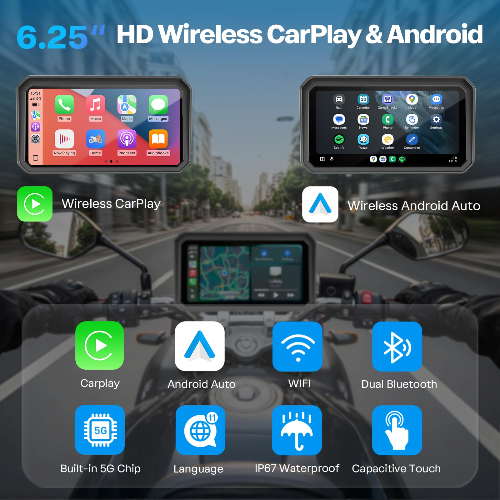 WonVon 6.25 Inch Wireless Motorcycle Carplay GPS Navigation System with Apple Carplay and Android Auto Portable Screen with Dual Bluetooth, Navigation, Siri, Google Assistant