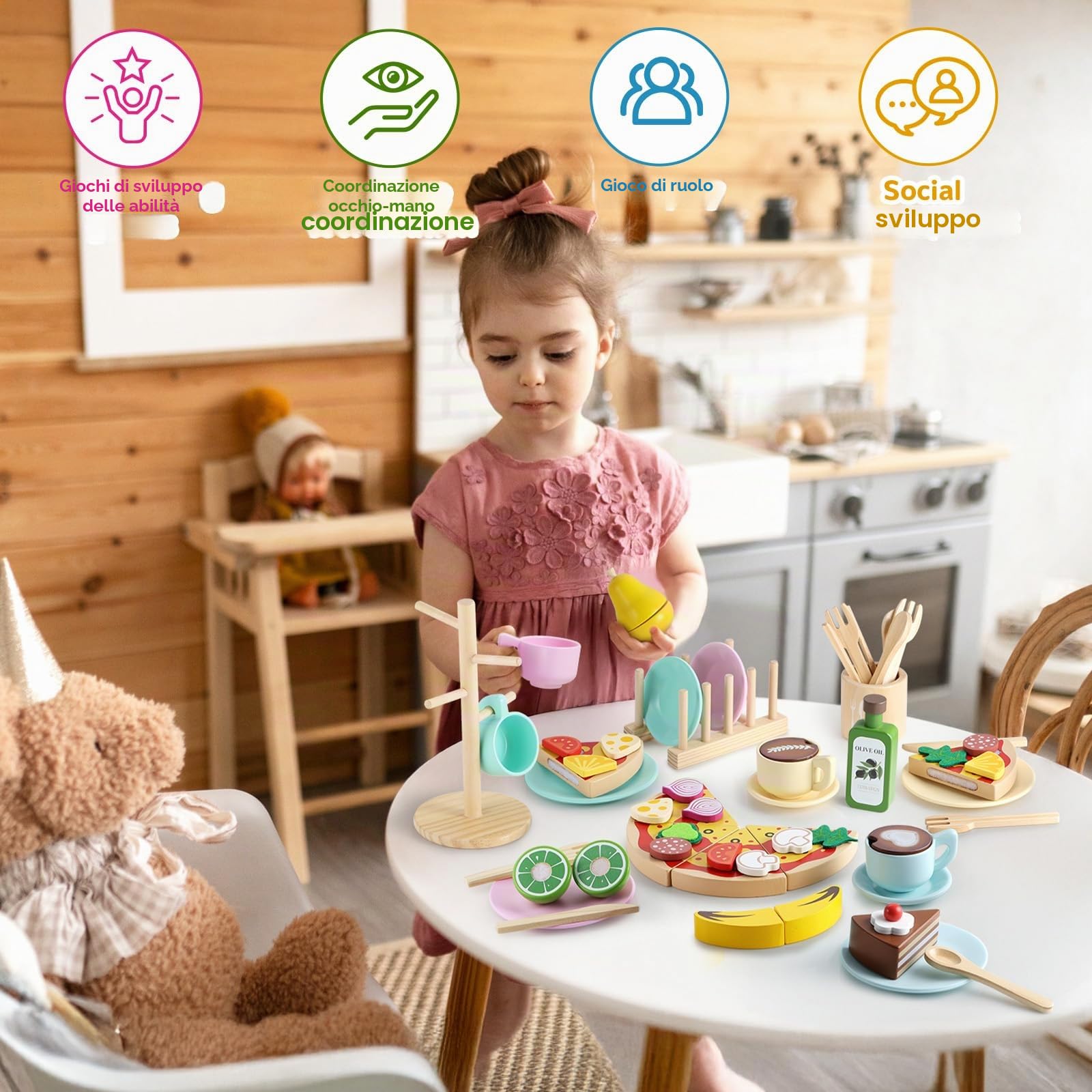 GAGAKU Set di stoviglie da cucina per bambini, 27 pezzi, servizio da tè per bambini, in legno, con supporto, giocattolo Montessori per bambini 3-5 anni, giocattolo educativo per giochi di ruolo
