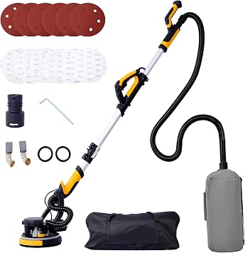 Drywall Sander, Foldable E-lectric Drywall Sander with Vacuum Dust Collection, 6.5A Mo-tor Dustless Floor Sander with Variable Speed 900-1800RPM, L-ED L-ight Drywall Sander-Yellow+Black