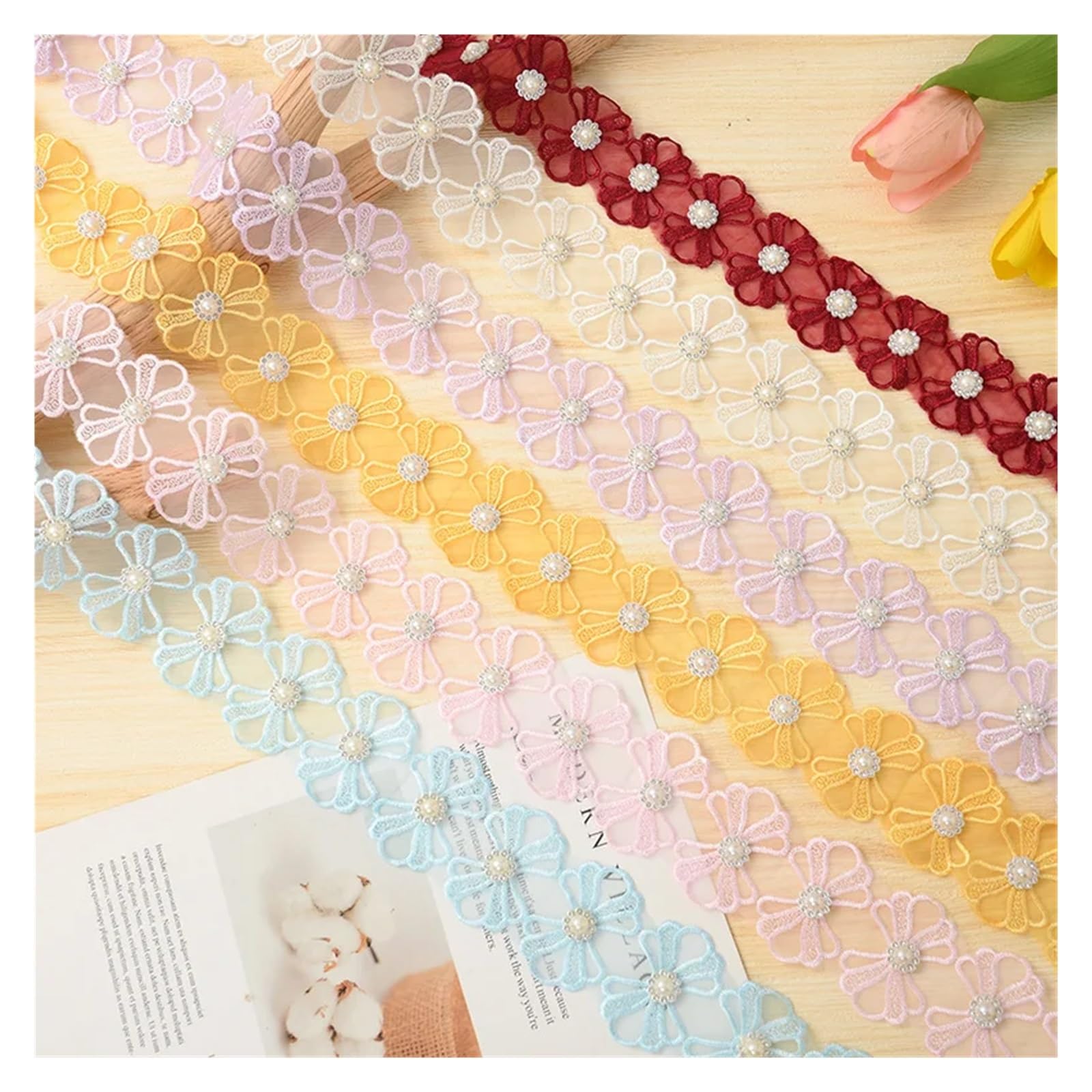 Encaje Adorno de encaje bordado de 4 cm con lazos 3D de diamantes de imitación y perlas - 20 yardas for ropa, manualidades y decoración del hogar(LIGHT BLUE)