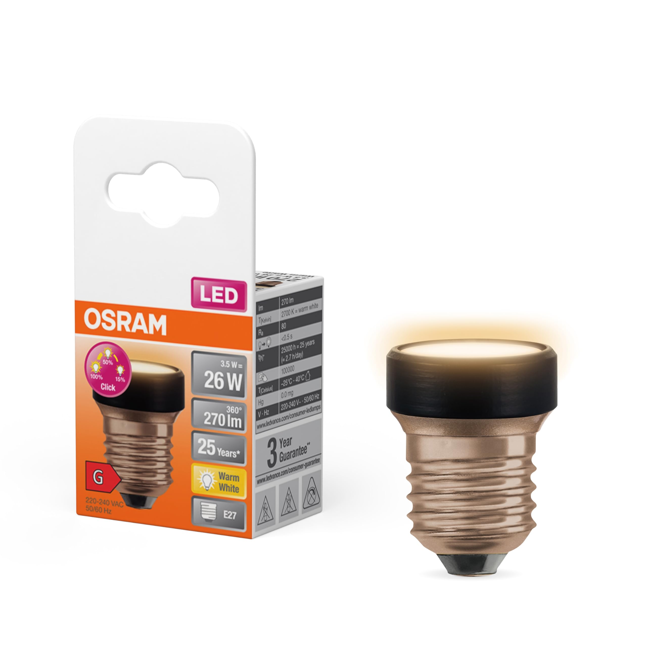 Osram LED Star Flat mit 3.5W (wie 26W), 270lm/2700K, warmweiß 827, Frosted, Kunststoff in Schwarz, mit E27 Schraubgewinde, 3-fach dimmbar über Wandschalter, 35 mm DM, 4-Pack