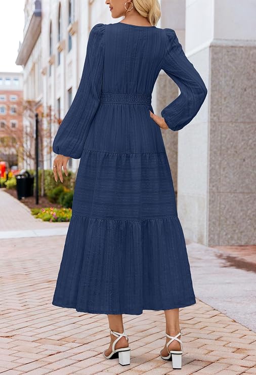 MEROKEETY Womens Fall Puff Long Sleeve Casual V Neck Cotton Midi Dress 2026 | Modest, Maxi, Long Dress with Pockets, Eyelets, Shirred Waist, Tiered, Lined, Winter, Boho, Elegant, Bridal Shower, Vacation