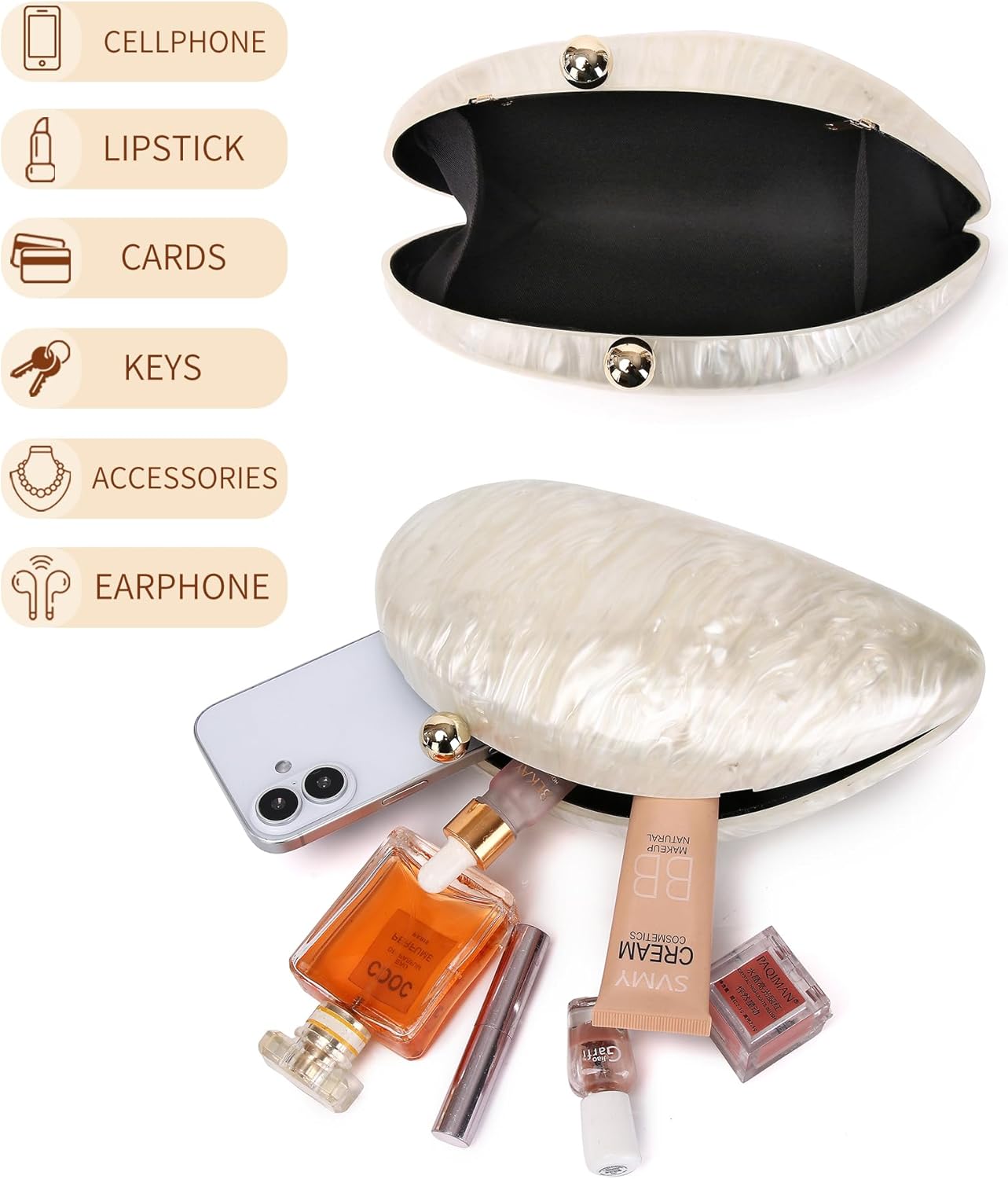 Labair Acrylic Shell Shaped Bag Marble Purses handbags for Women Wedding Party Formal.