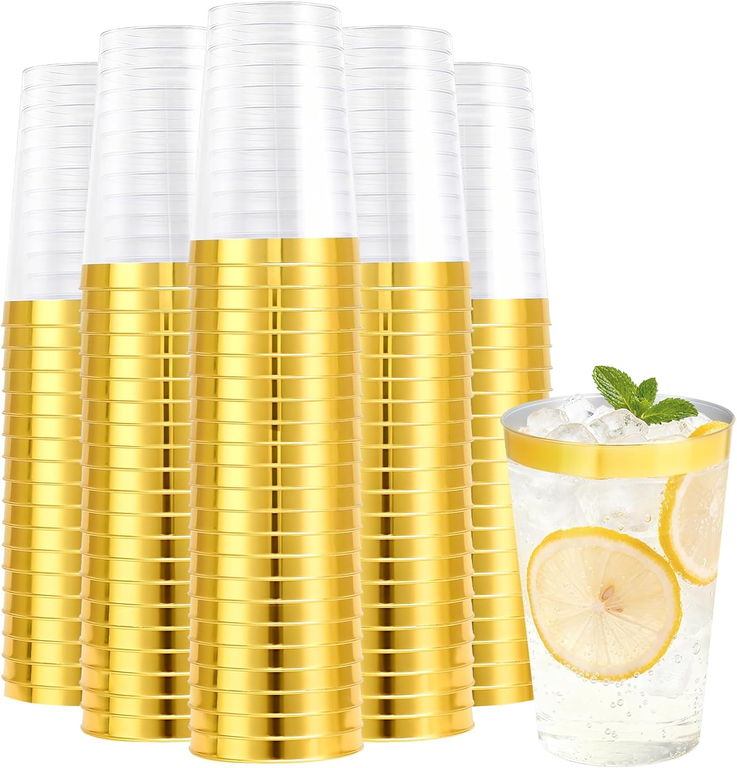 BYSNOW 100 Pack 12 oz Gold Plastic Cups, Disposable Clear Plastic Cups for Cocktail Party With Heat Resistance (12oz 100count Gold)