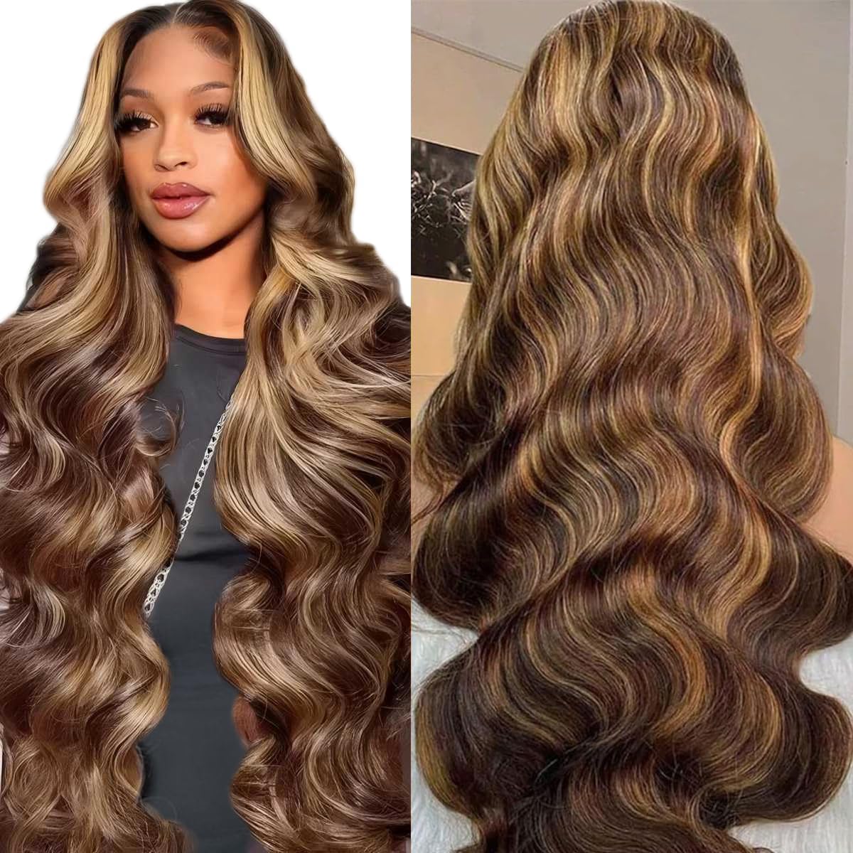 SFD Highlight Ombre Lace Front Wig Human Hair 34 inch13x4 HD Lace Honey Blonde Frontal Wigs Pre Plucked 220% Density 4/27 Body Wave Lace Front Wig