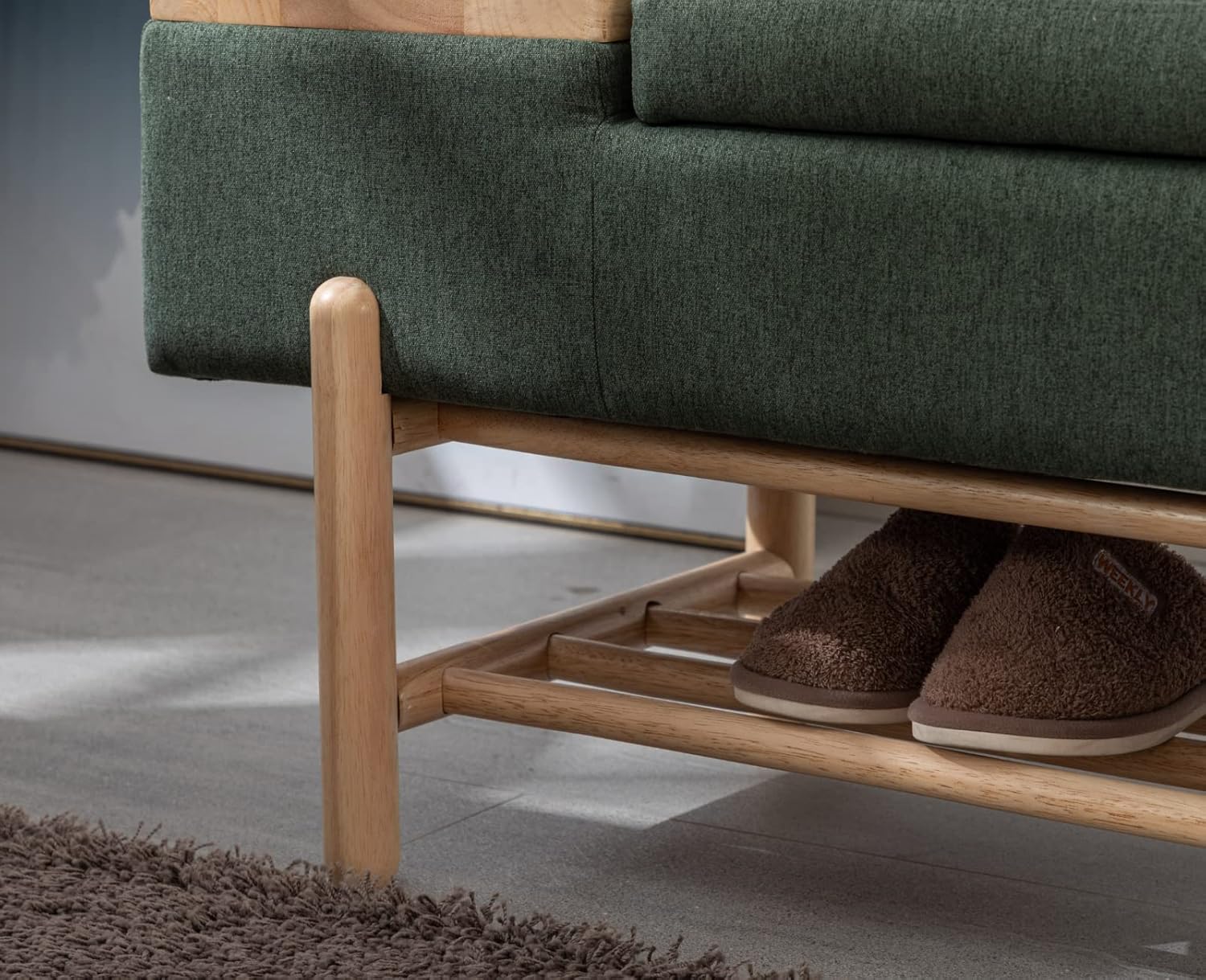 CIMOTA Entryway Storage Bench for Bedroom Upholstered End of Bed Ottoman Bench with Wood Shoe Storage/Coffee Table for Living Room/Hallway/Under Window, 46.5 Inches, Linen Green