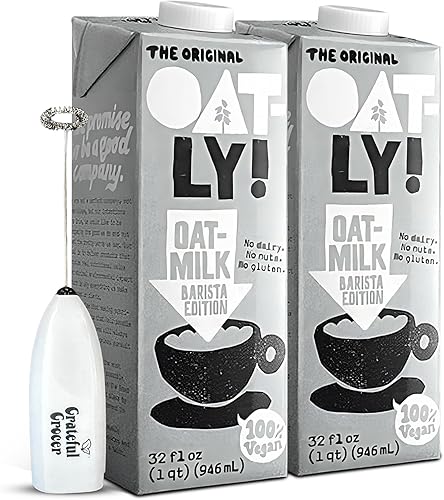 Oatly Oat Milk Barista Edition - Varita de espuma y espumador  El paquete contiene 2 botellas de leche avena de 32 onzas y 1 espumador de leche