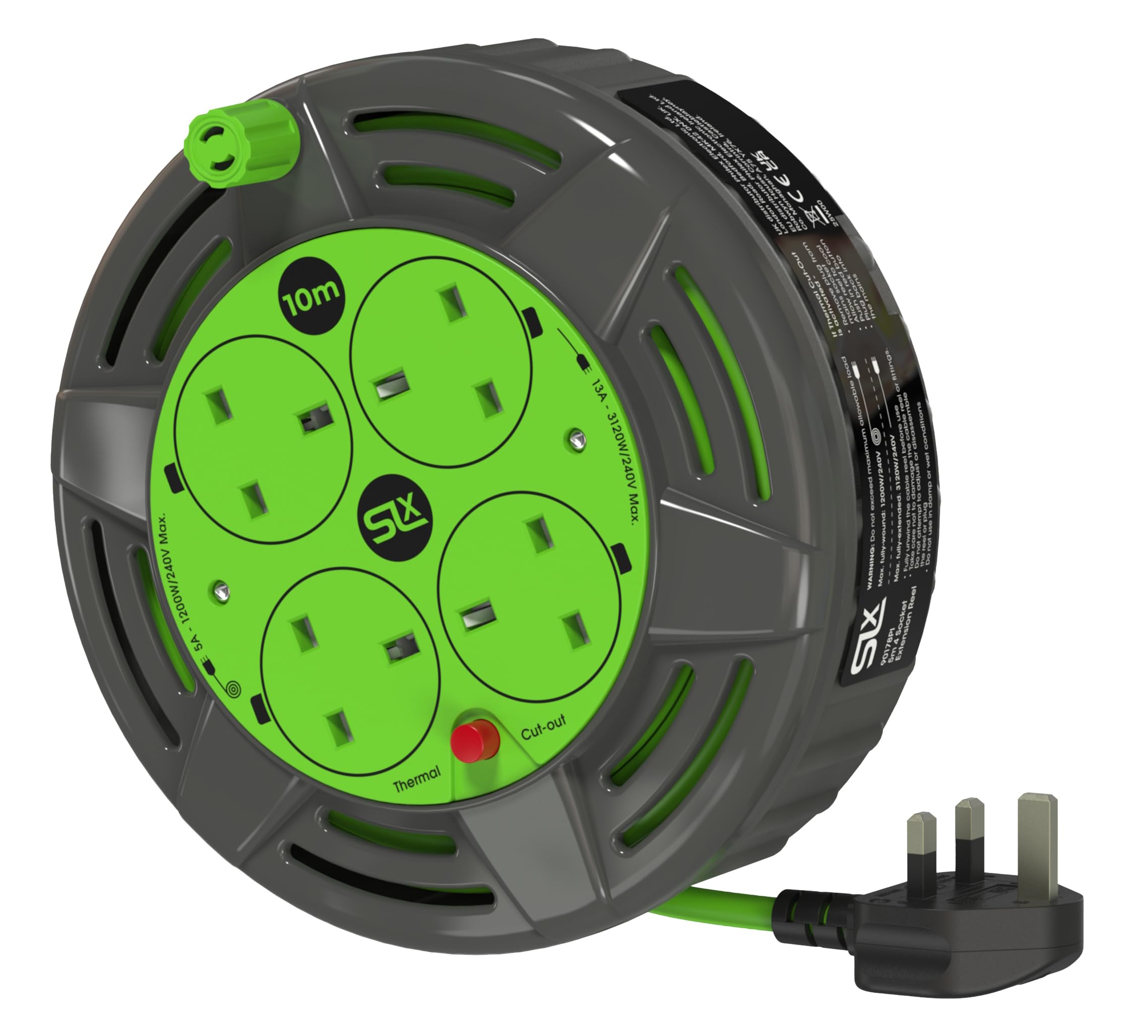 SLx 10m Compact 4 Way Extension Cable Thermal Cut Heavy Duty Garden Lawnmower Office 13A Cast Iron UK Plug Grey Green-image-41