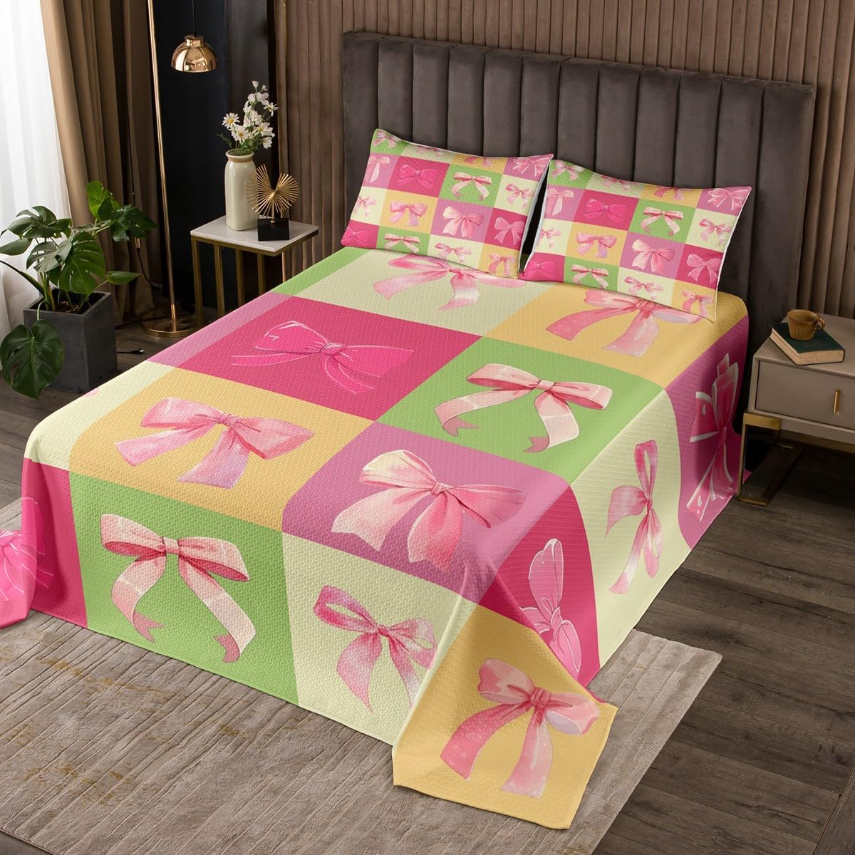 Homewish Pink Bow Bedding Set Twin Size,Colorful Grid Patchwork Bedspread 2Pcs,Girls Bowknot Comforter Set for Kids Woman Teens Room Decor,Sweet Princess Style Quilt Coverlet,1 Pillowcase