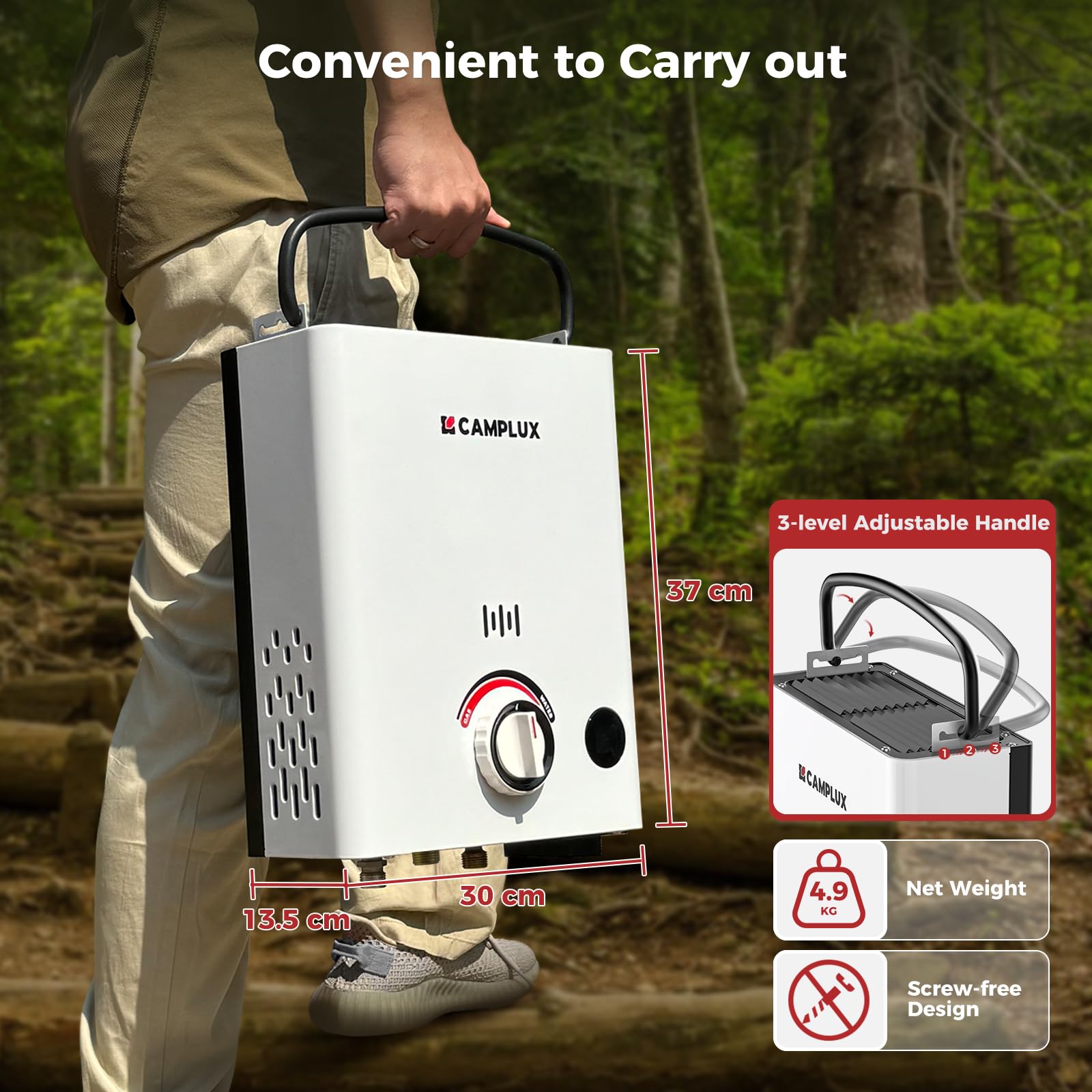 CAMPLUX First Chauffe-Eau à Gaz 5 Litres avec Poignée Réglable, pour Douche Extérieure/Camping/Caravaning, Butane (28-30 mbar)/ Propane (37 mbar), F5