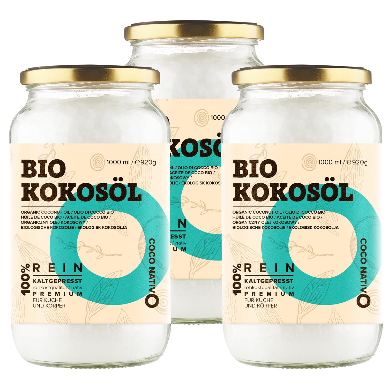 Organic Coconut Oil CocoNativo - 3x1000mL(1L) Pack of 3 - Extra Virgin Coconut Oil, Premium, Native, Cold Pressed, Raw Food Quality, Pure (3000ml) - for cooking, frying and baking, for hair and skin