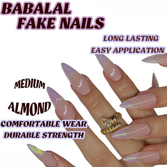 BABALAL Acrylic Press on Nails Almond Fake Nails Medium Glue ons Purple Aurora French Tip 24Pcs Bling Stiletto Full Cover Stick on False Nails