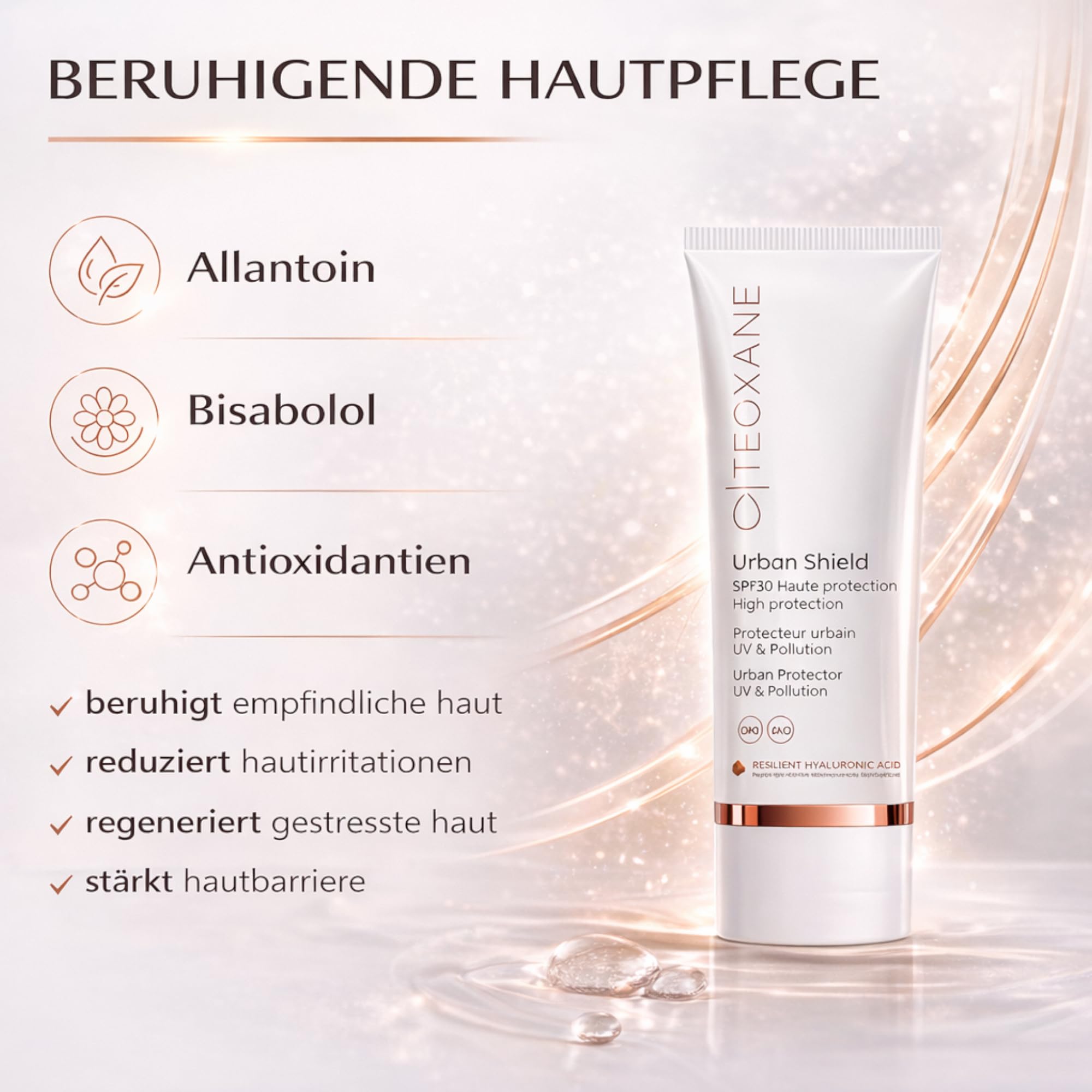 TEOXANE Urban Shield SPF 30 50 ml – Crema solar tintada para la cara con ácido hialurónico RHA, protección UVA UVB, crema de día antipolución, protector solar facial hidratante como base de maquillaje