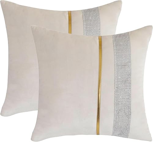 Fundas de almohada de terciopelo beige de 20 x 20 pulgadas, paquete de 2 con diamantes brillantes a rayas de cuero dorado para decoración de sofá,