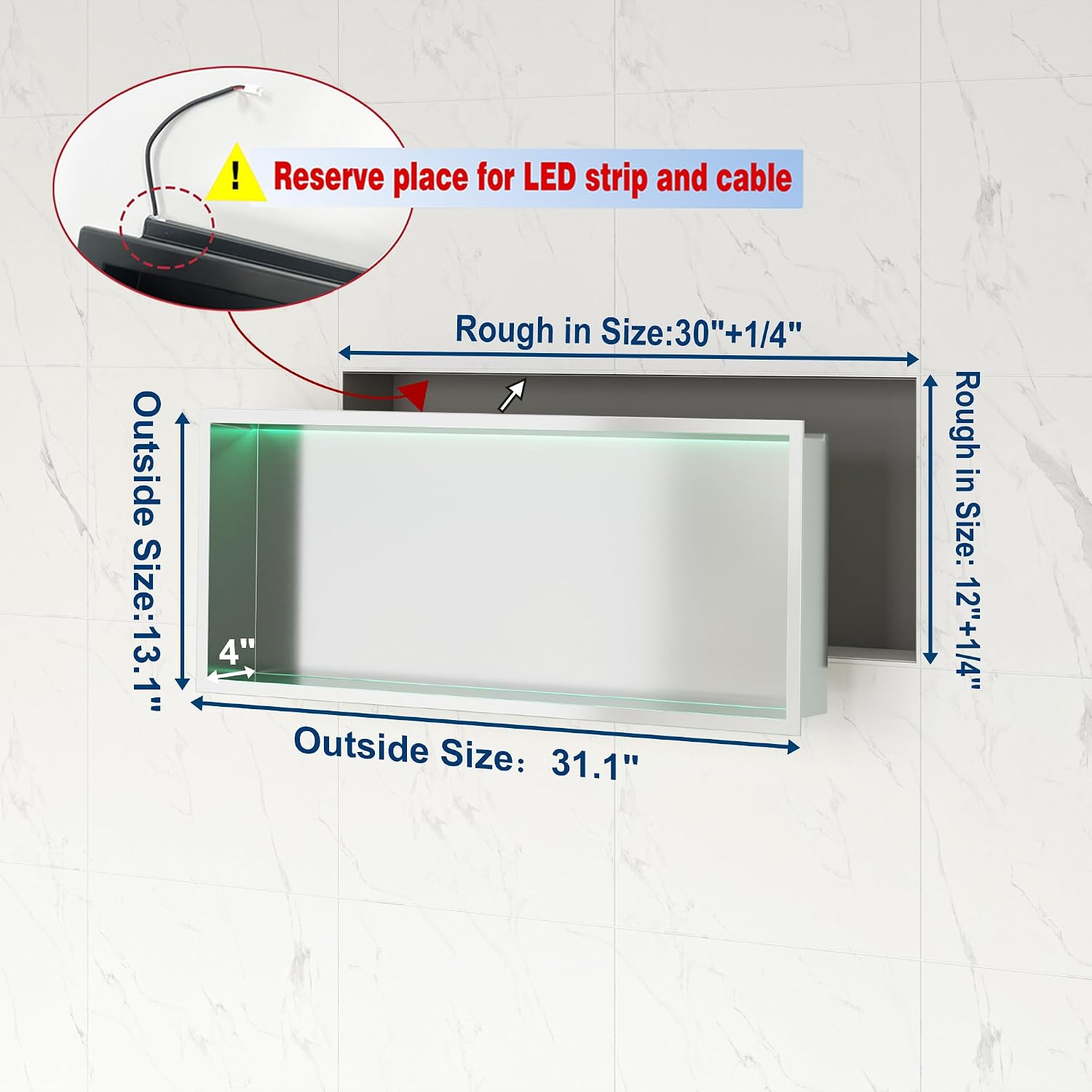 30X12 RGB Shower Niche Waterproof Brushed Nickel Stainless Steel LED Recessed Wall Niche for Shower, Tile-Ready Bathroom Wall Niche Light Kit with Remote Control image 2