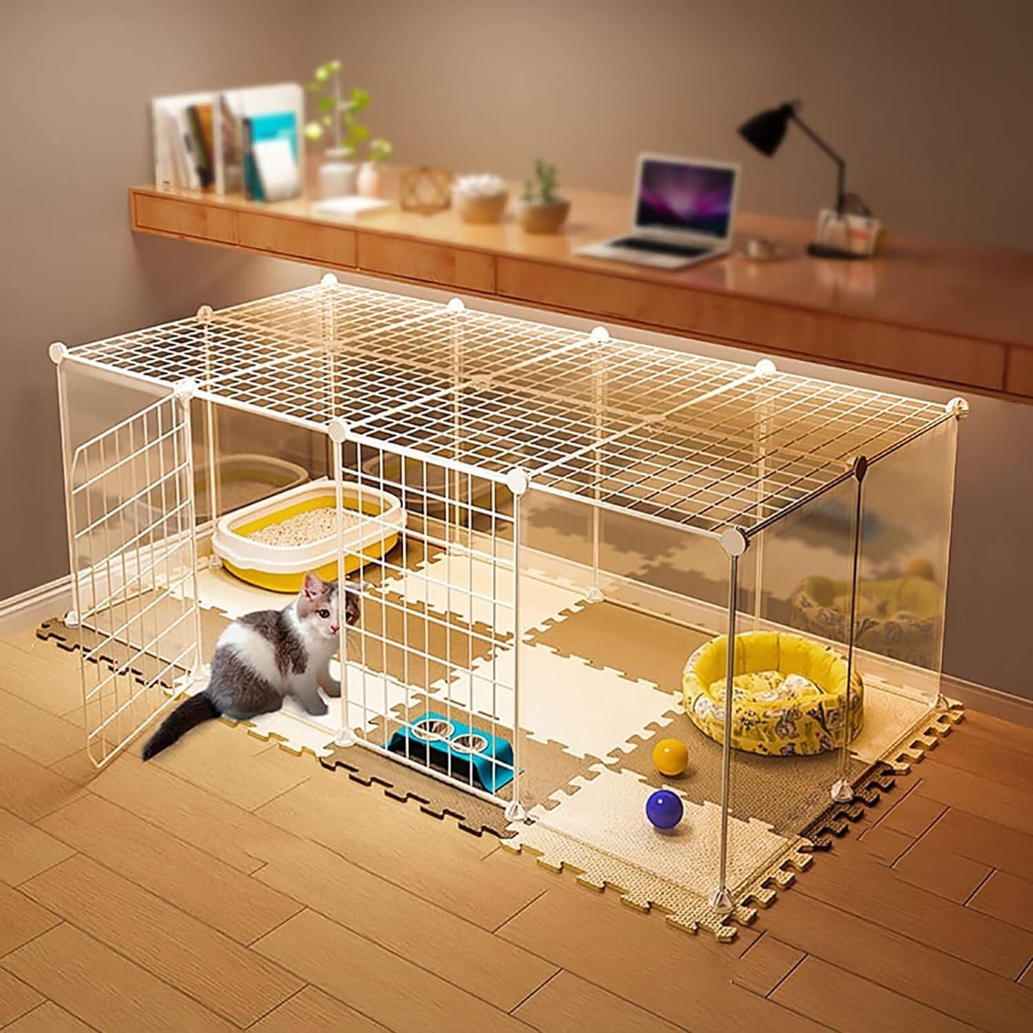 Recinto per Cani, Gatti e Conigli, Gabbia for Gatti in Metallo Staccabile Fai da Te, Diverse Misure, Bianca(with Top,147x75x47cm)