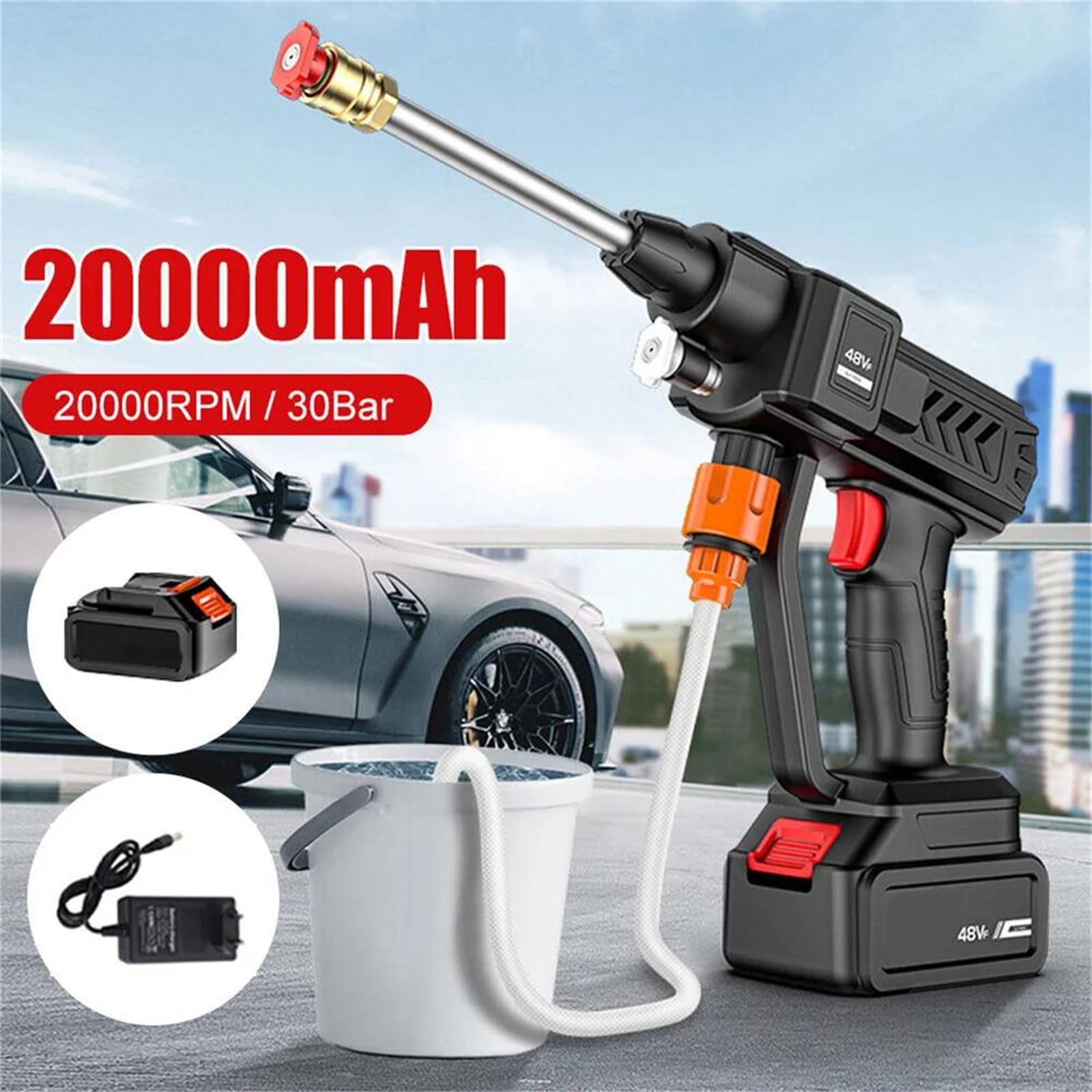 Bezprzewodowa myjka ciśnieniowa, wysokociśnieniowa myjnia samochodowa Pistolet 30Bar Generator piany Pistolet na wodę w sprayu do czyszczenia samochodu/ogrodzenia/ściany/tarasu,Two batteries
