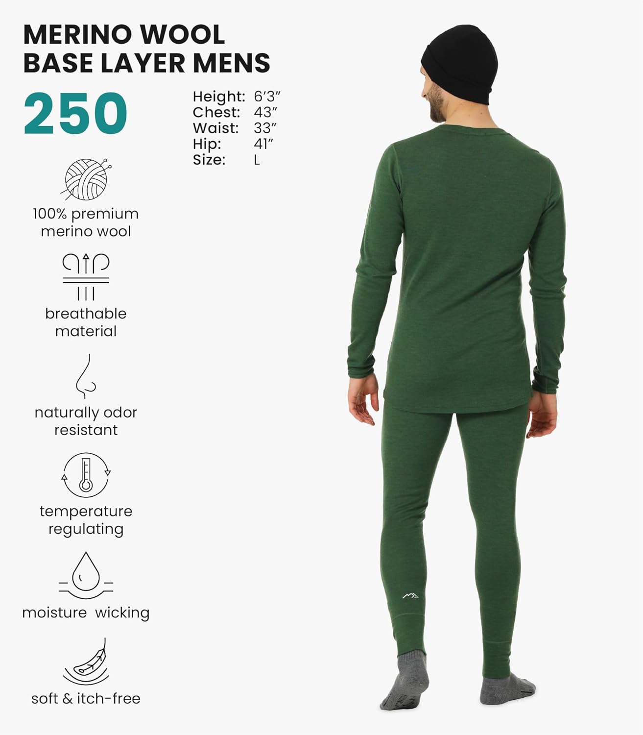 Merino.tech Merino Wool Base Layer Mens Set + Beanie - Midweight Merino Wool Mens Thermal Underwear Set Top, Bottom