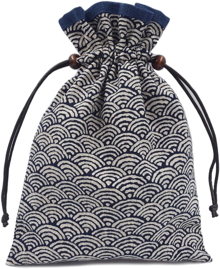 手作り工房FUJITA(Handcraft Fujita) 巾着袋 裏地付き 和柄 青海波文様×青紺 日本製 和小物 和雑貨