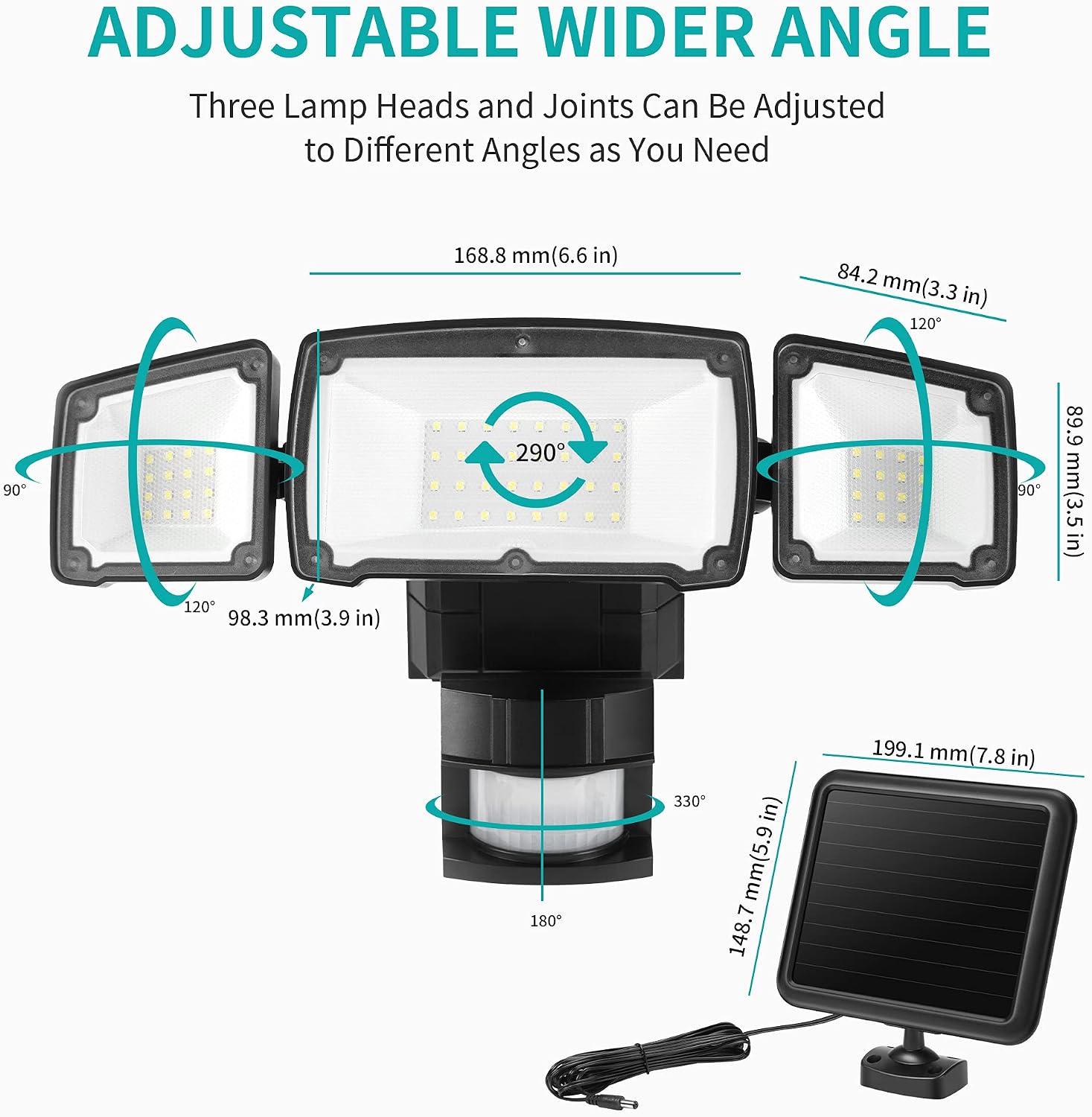 Nekteck Solar Security Lights, 1500LM Solar Motion Sensor Light Outdoor, 3 Adjustable Head Solar Flood Light Outdoor, 5500K, IP65 Waterproof LED Solar Outdoor Lights for Yard, Patio, Garage