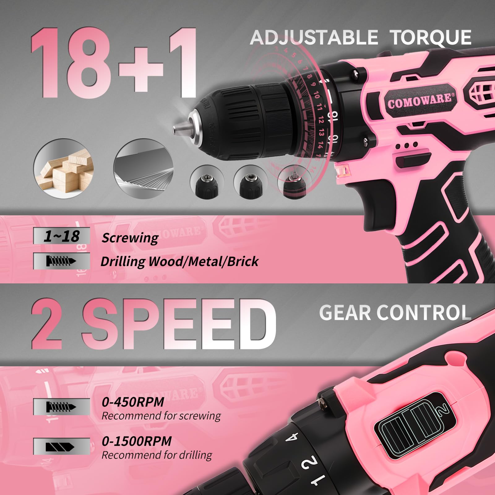 COMOWARE Kit di attrezzi per la casa con trapano rosa, 195 pezzi, kit di utensili per la casa con trapano elettrico senza fili da 12 V, set di utensili per la riparazione domestica con custodia per le