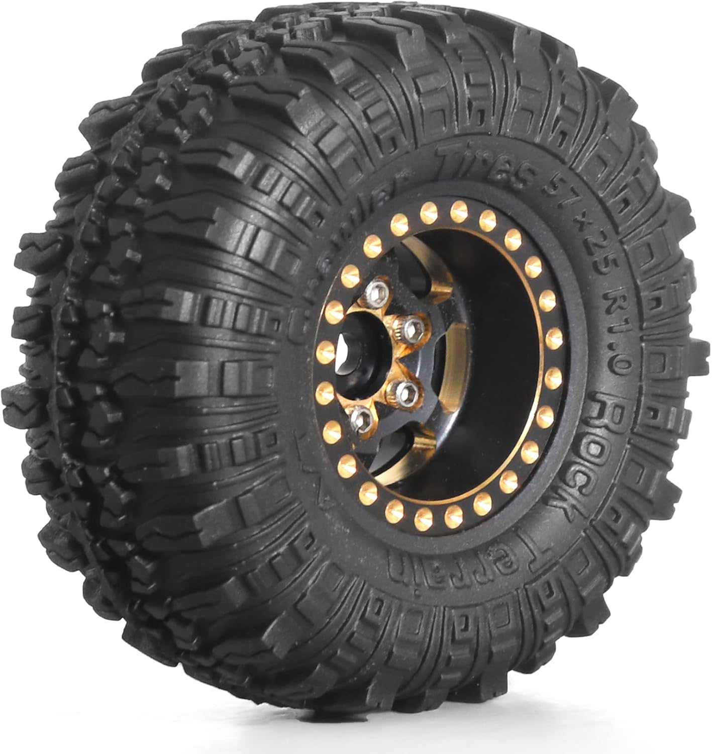 REDSPIDER （4pcs） 1.0 beadlock Wheels and Tires，1.0 Tires Set Has Super Soft Stickiness，Brass Material Wheel hub. 1.0 Crawler Tires for TRX4M Axial AX24 SCX24 FCX24 1/18 1/24 RC Crawler Car (Coppery)