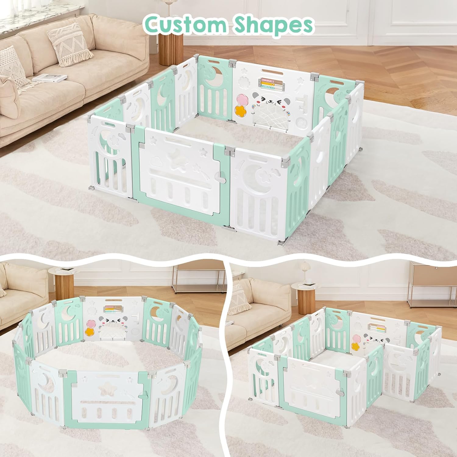Dripex Baby Playpen shown in various custom shapes: square, octagonal, and rectangular, demonstrating its adjustable design.