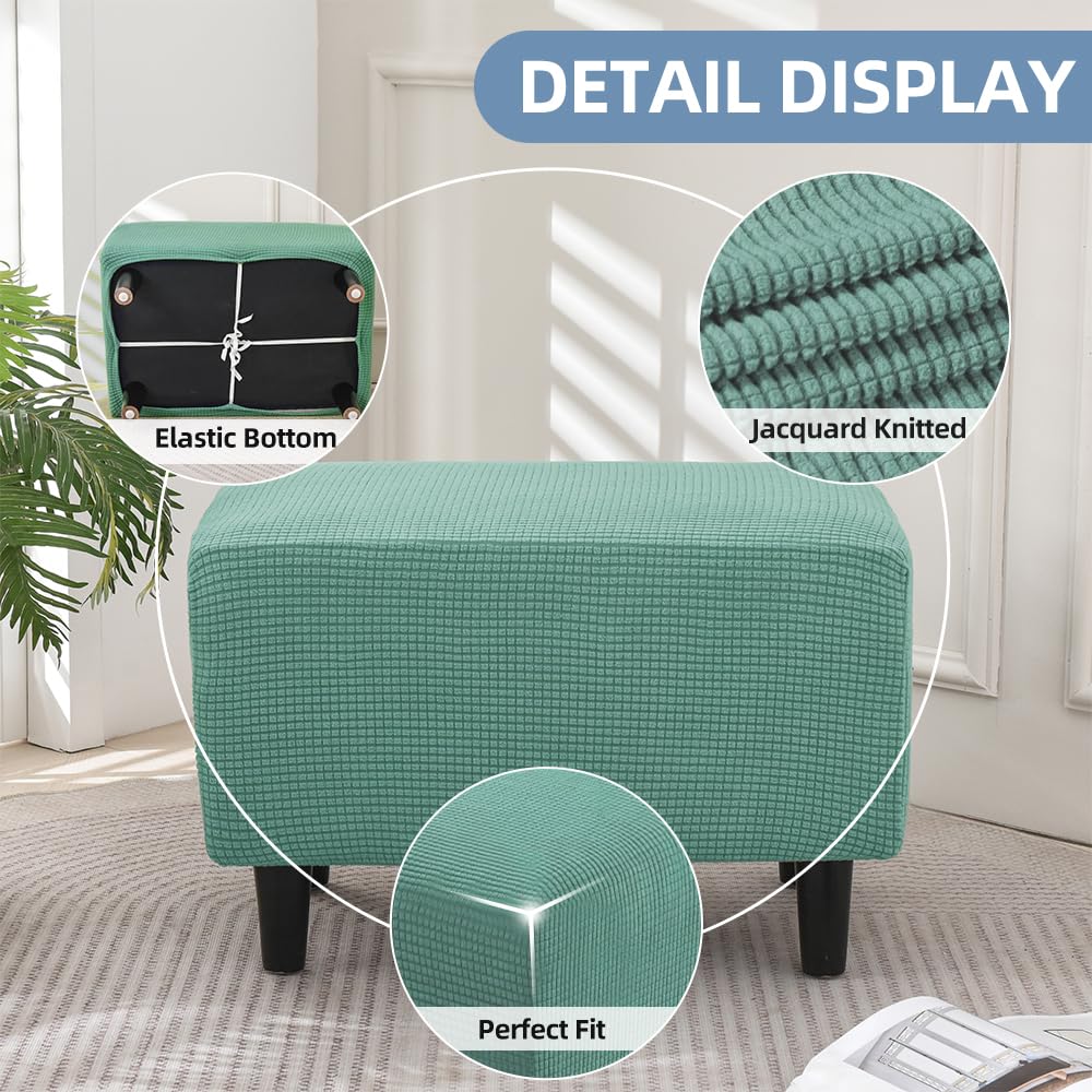 Housse Ottomane Carrée Extensible Jacquard Highdi - Protecteur Tabouret Antidérapant Bleu Marine