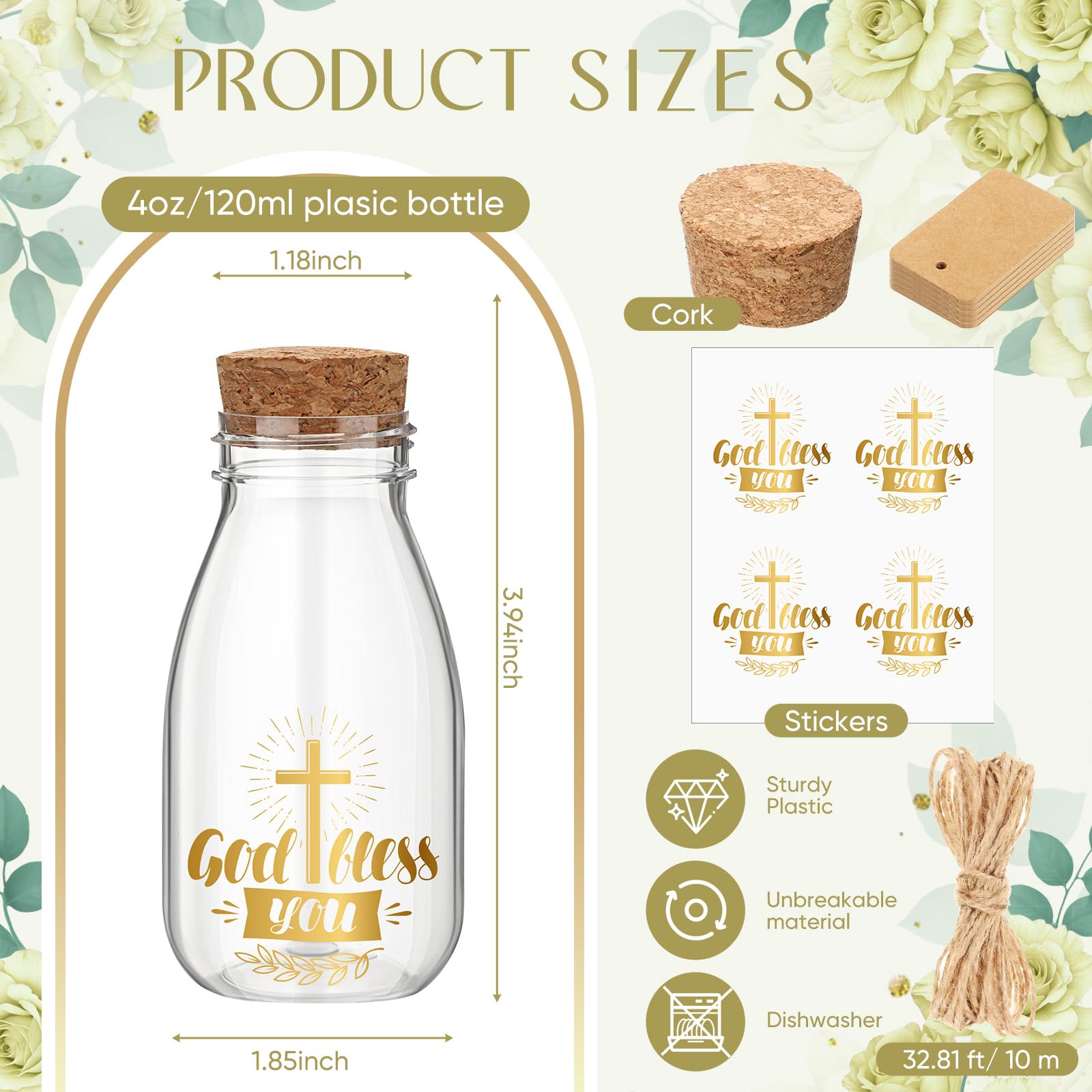 Roshtia 48 Set 4oz Plastic Holy Water Bottles Catholic with Corks Baptism Clear Jars with Gold Cross Sticker Empty Holy Container for Religious Church Wedding Party Favors Gift