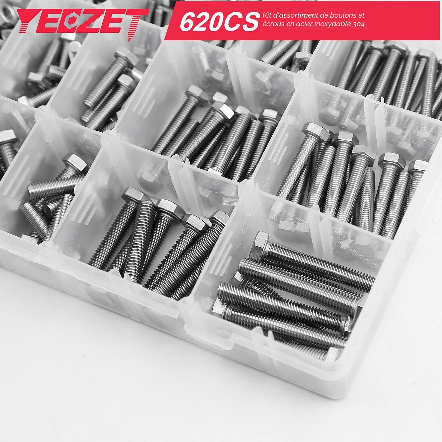 Assortiment de 620 boulons et écrous robustes M4, M5 et M6 en acier inoxydable 304, comprend 13 tailles les plus courantes