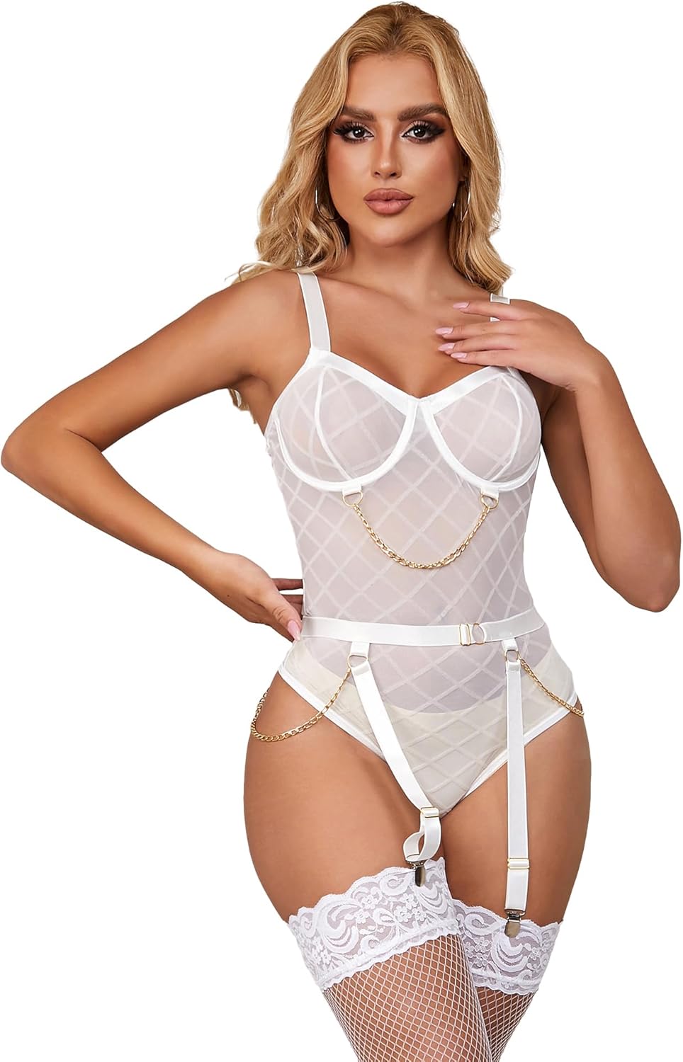 Plus Size Mesh Bodysuit Teddy Lingerie for Women Sexy Underwire One-Piece with Garter Straps Crotch Openable Leotard Black