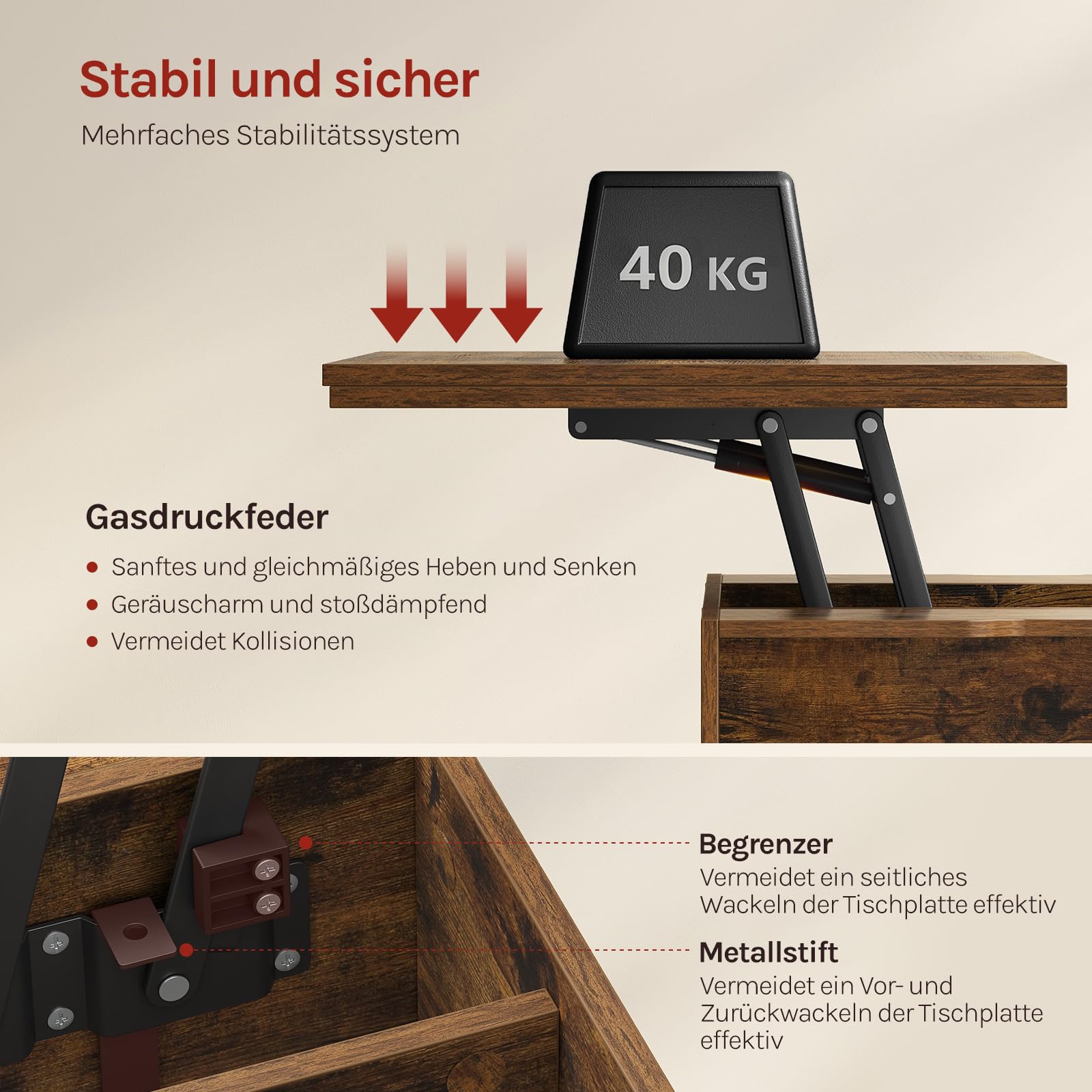 WOLTU Couchtisch höhenverstellbar, Wohnzimmertisch mit Rollen | Hebeplatte Schublade,verwandelt sich in einen Schreibtisch oder Esstisch,offener und versteckter Stauraum,Rustikales Braun