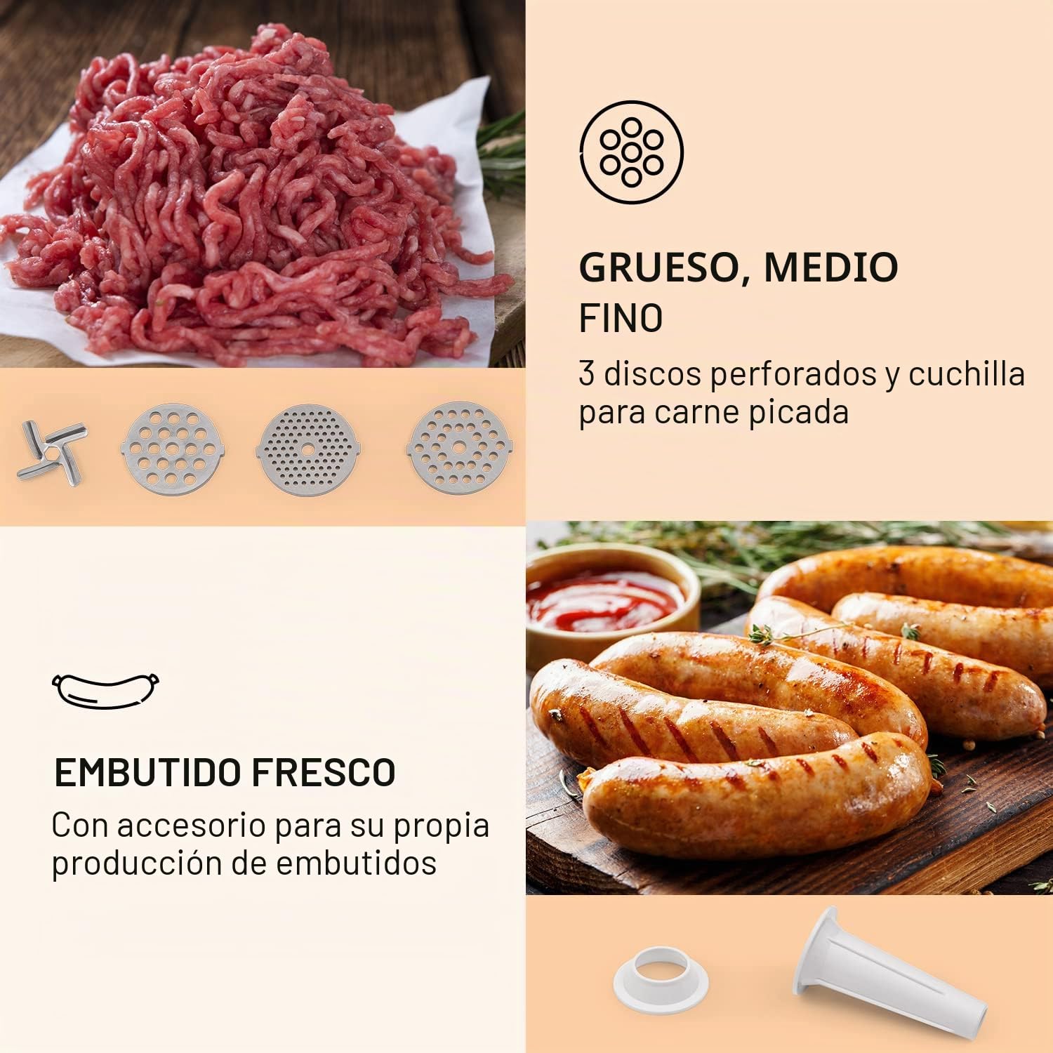 Klarstein Mighty Mince - Rallador eléctrico, Cortador de verduras eléctrico con potencia de 500-1361 W, Espiralizador de verduras con accesorios para salchichas, albóndigas y puré, Con asas, Blanco