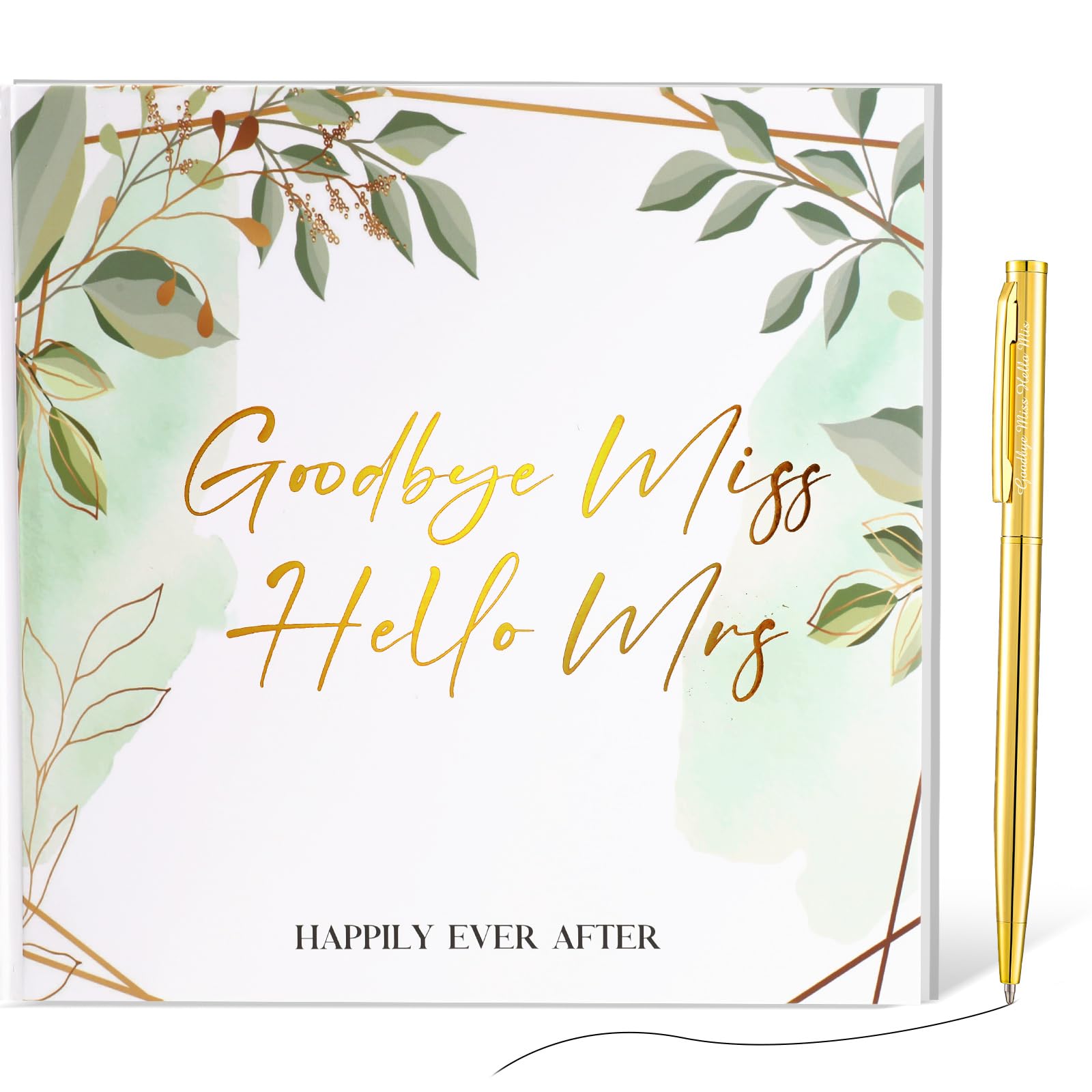 FaccitoGoodbye Miss Hello Mrs Notebook Hen Party Guest Book with Gold Pen Greenery Bride Advice Book Hen Party Keepsake Gift Hen Party Decorations Supplies for Bridal Shower Team