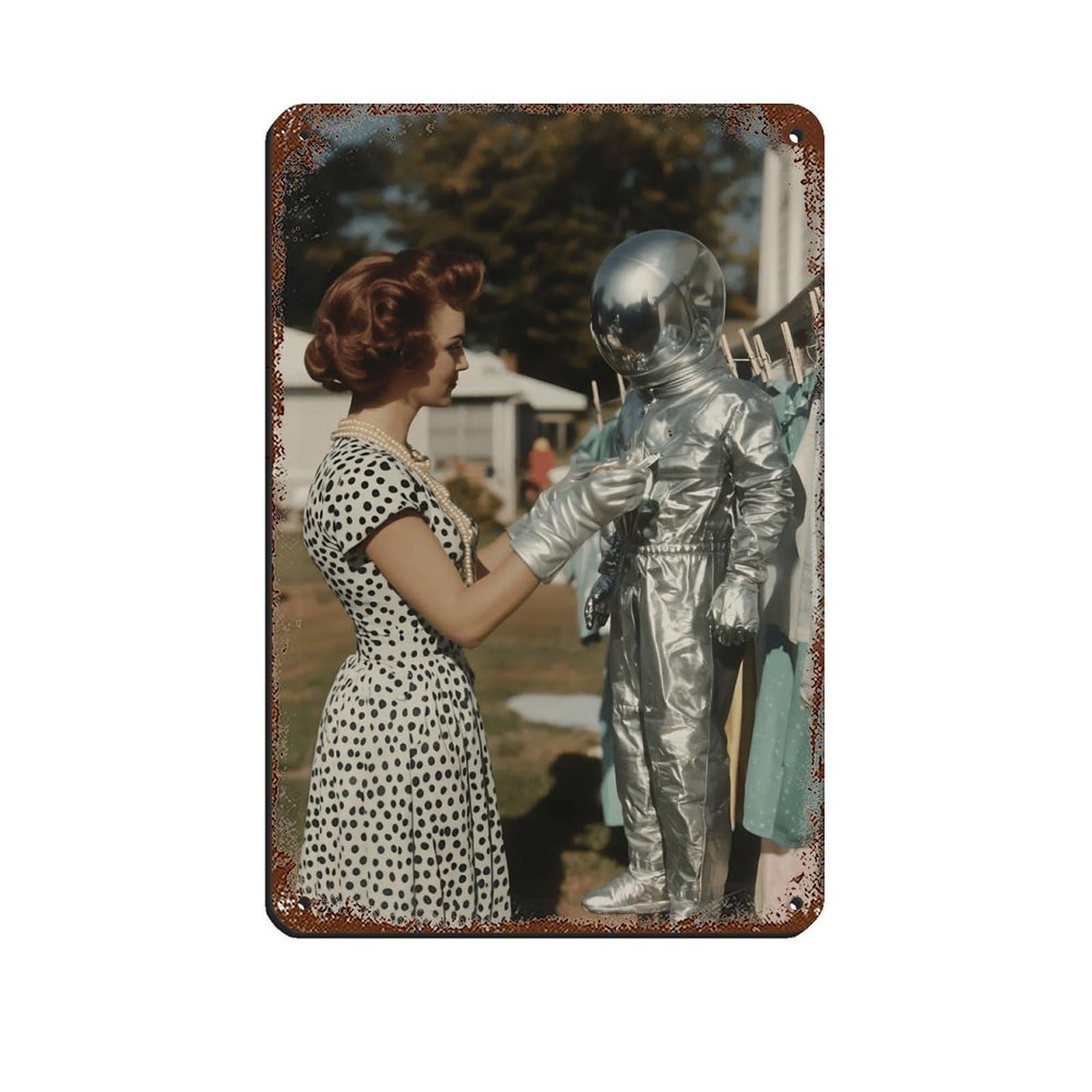 Retro Housewife with Spaceman Suit Tin Sign Vintage Metal Pub Club Cafe Bar Home Wall Art Decoration Poster Retro 8x12inch(20x30cm)