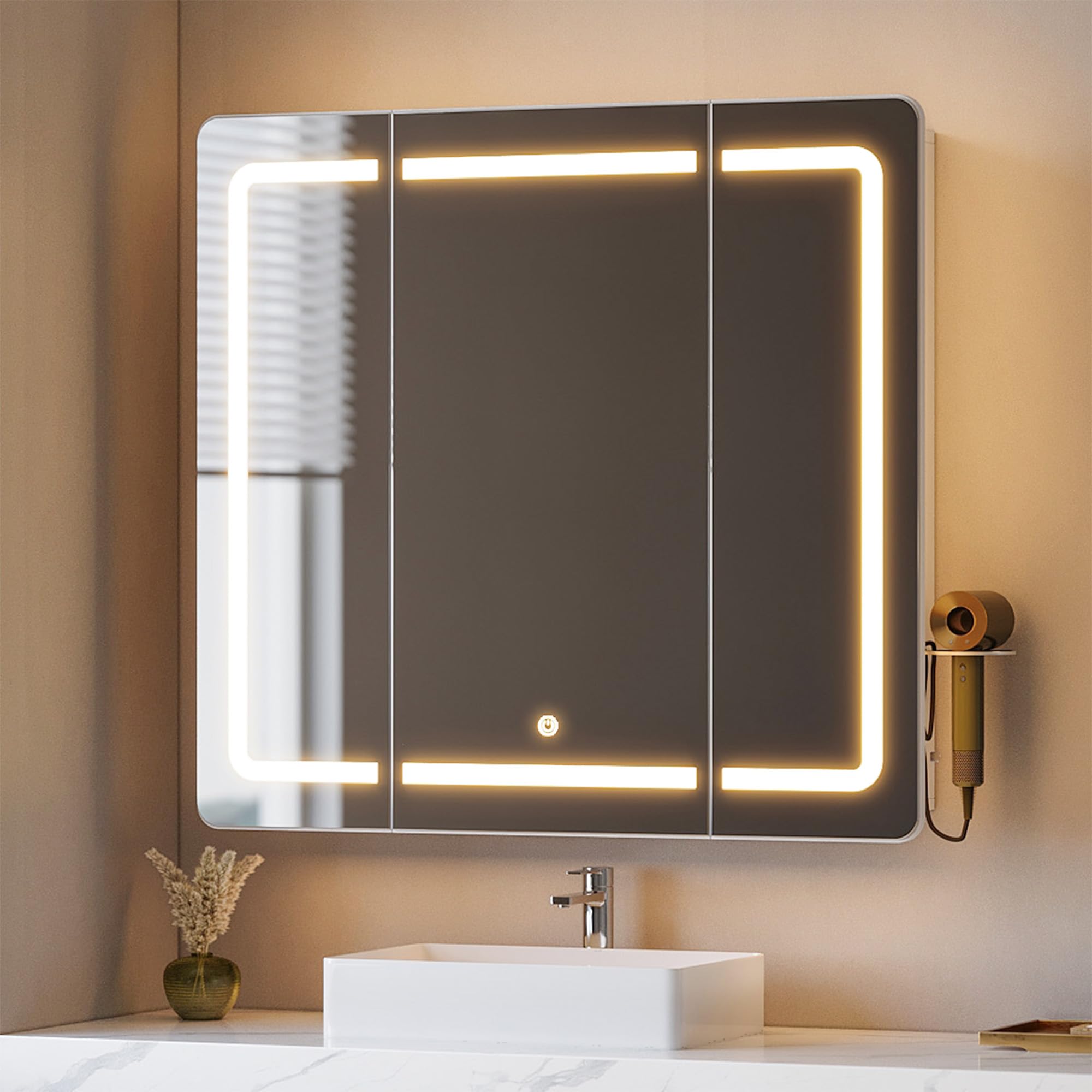 Hzuaneri Szafka z lustrem z oświetleniem, 3 kolory światła, łazienkowe z LED-lustrem, sterowanie ekranem dotykowym 16,5 x 75 x 80 cm biała MC30003XEU
