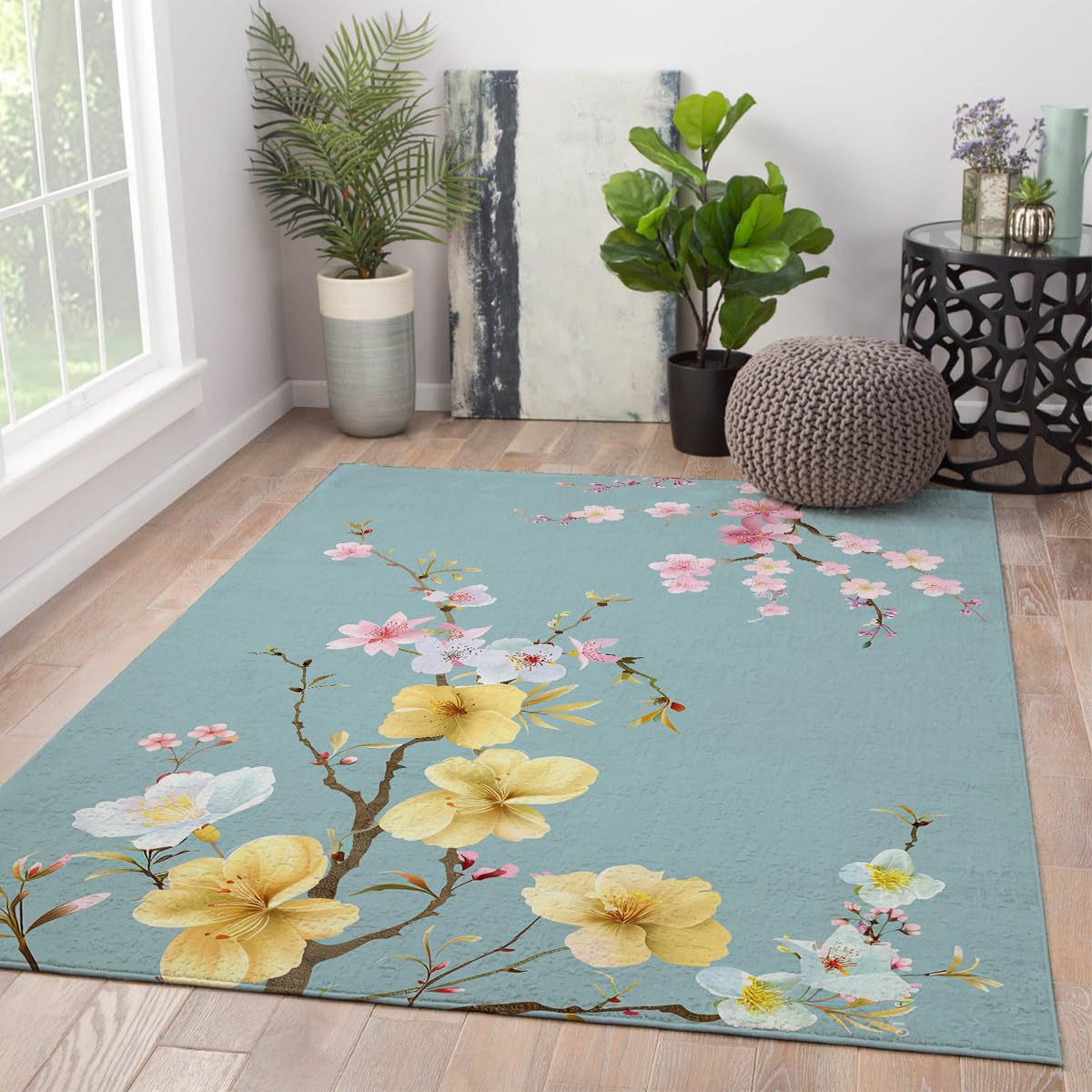 Tapis Bohèmes Floraux lavables dans la chambre : douceur aquarelle jaune et rose