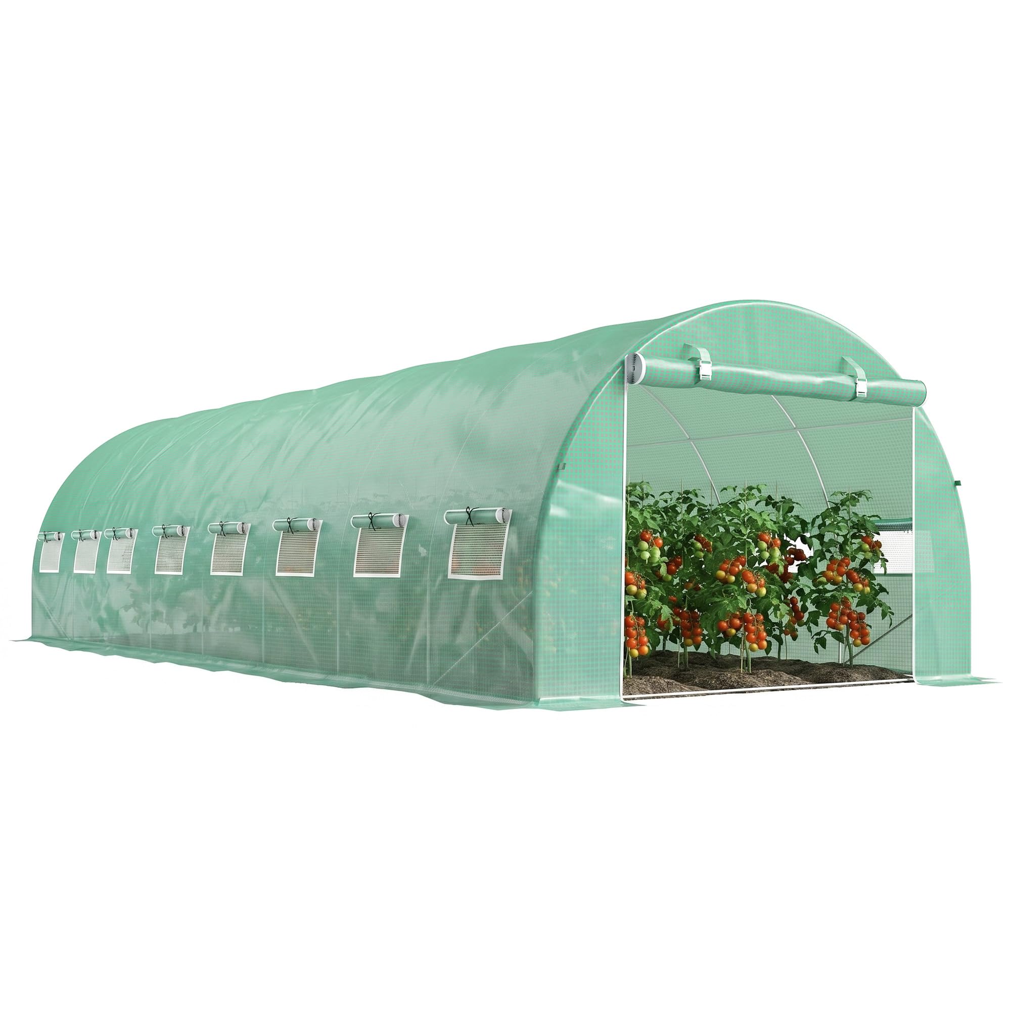 Outsunny Serre de Jardin Tunnel 24m² 8L x 3l x 2H m - 16 fenêtres, Porte zippée Enroulable - châssis Tubulaire Acier galvanisé, bâche PE Haute densité Vert