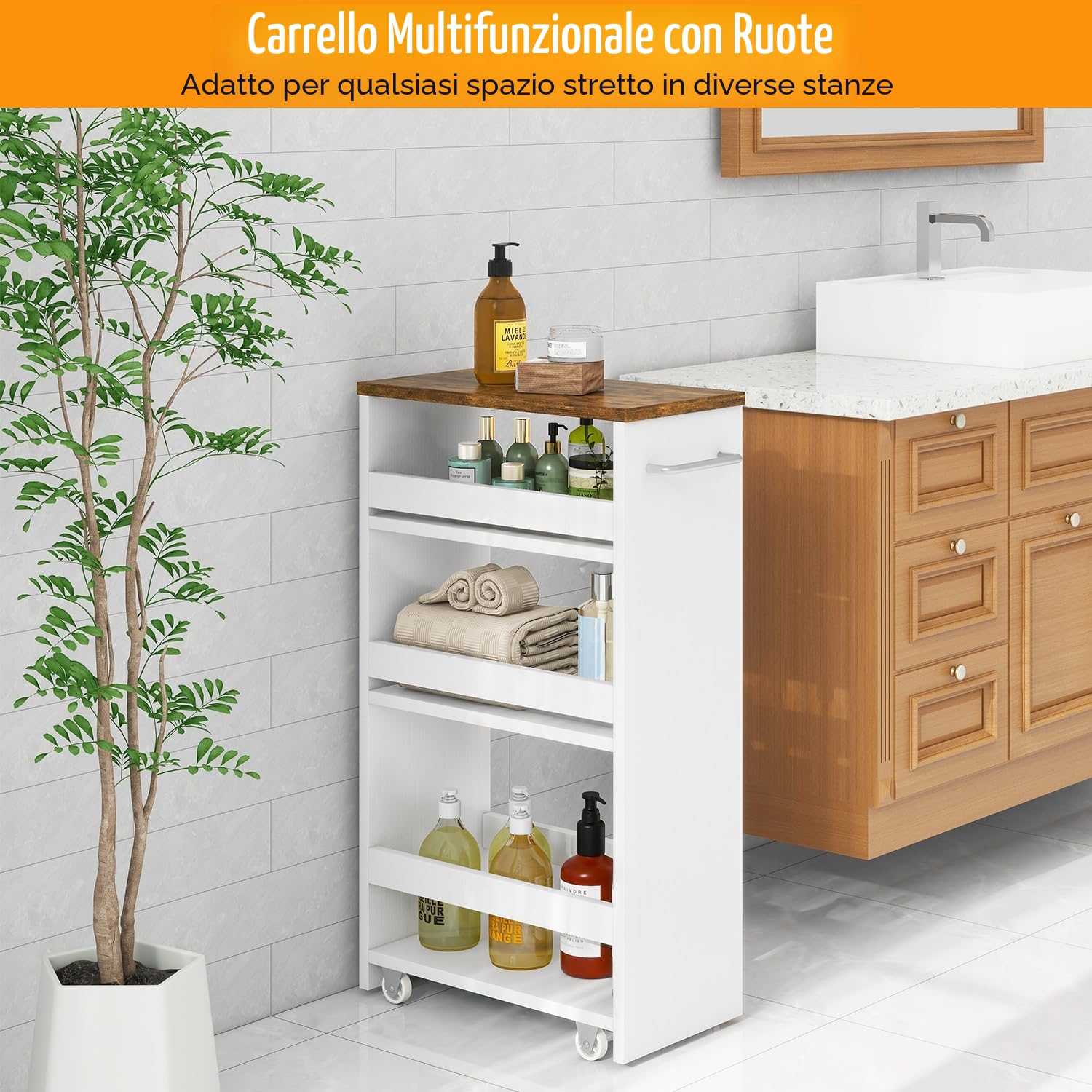 IBUYKE Carrello Portaoggetti a 4 Ripiani, Carrello Cucina Salvaspazio con Maniglia, Carrellino Bagno Slim con Ruote,Montaggio Facile, in Cucina, Bagno,Salvaspazio,40x20x85 cm,Bianco WST005W-L