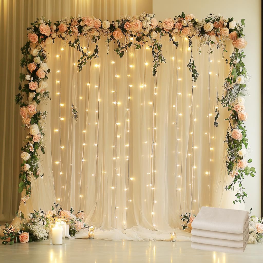 Tulle Backdrop Curtain with Lights String 20 X 8FT Champagne Sheer Tulle Backdrop Curtains for Wedding Birthday Party Reception Photo Booth Background Decorations (4 Panels 5x8FT) 20ft(W) X 8ft(H) (4 Panels 5ft X 8ft) Champagne