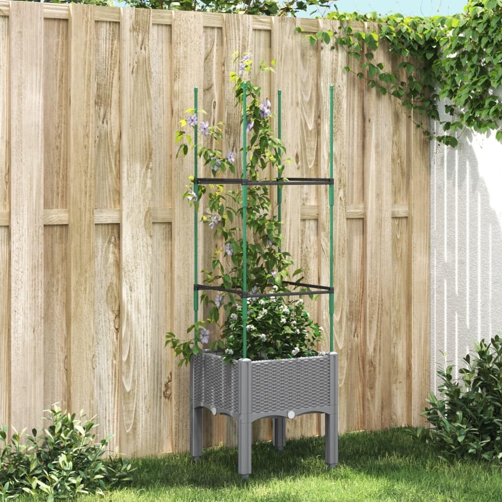 Macetero con enrejado, gris claro, 40 x 40 x 142,5 cm, plástico PP, maceta elevada para plantas trepadoras, jardín y terraza, aspecto de ratán, resistente y resistente a los golpes