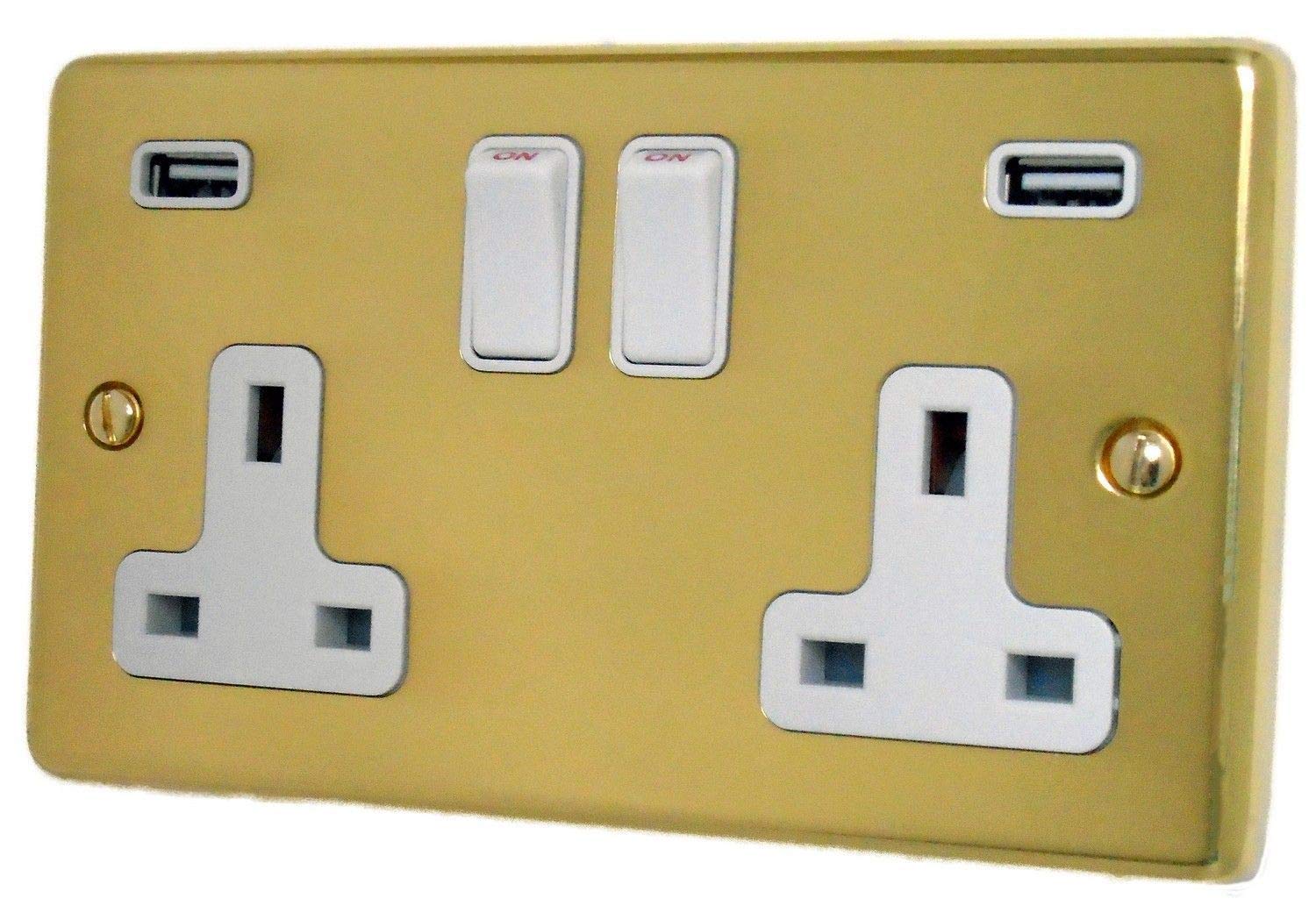 G&H Brassware Gold G&H Cb910w Standard Plate Polished Brass 2 Gang Double 13A Switched Plug Socket 2.1A Usb