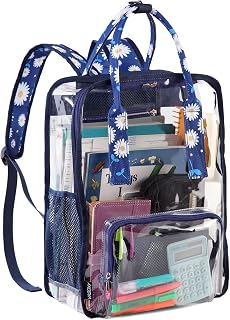 Clear Backpack, Heavy Duty School Bag for Girls Fashion Transparent Bag See Through Rucksack for Womens Casual Daypack with Multipurpose Pockets for Work,Travel,Beach(Navy Blue Daisy)