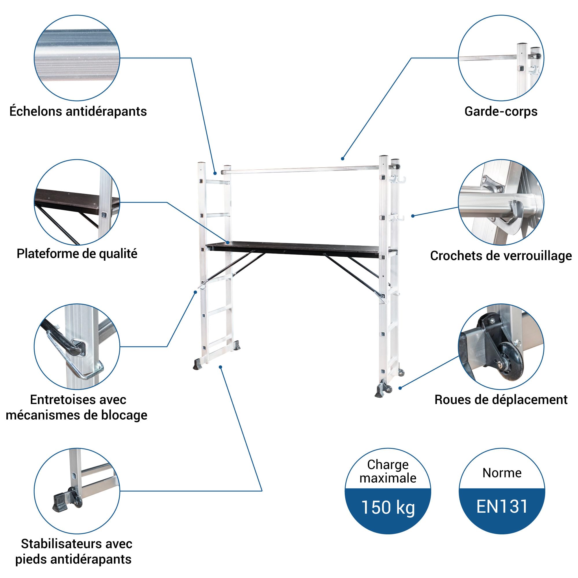 HOSTRÖM Echafaudage Roulant SCAFFOLDAX2X6, échafaudage Jardin et Pliant Multifonction 4 en 1, echelle 2 Plans, H Max Travail 4,46m, Garantie 5 Ans