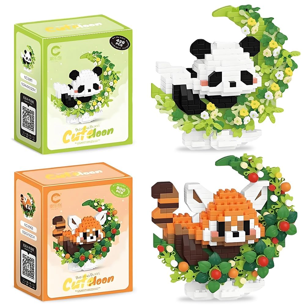 MGKEOUF Cute Animal Building Blocks, DIY Panda Building Blocks, Animal Building Blocks Set, 3D DIY Gift Set New Year Gift Themed Office Décor - 2PCS (Panda Raccoon)
