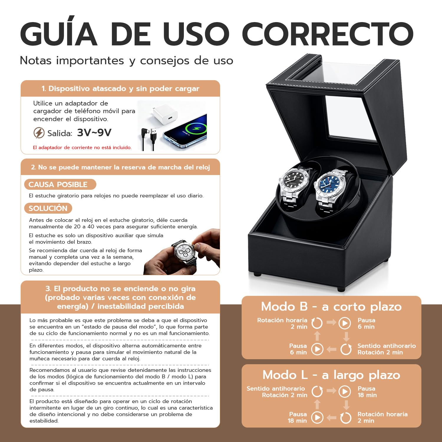 Cajas enrolladoras para Relojes para 2 Relojes automáticos, Caja enrolladora automática para Relojes, Vitrina acrílica de Cuero, rotación silenciosa