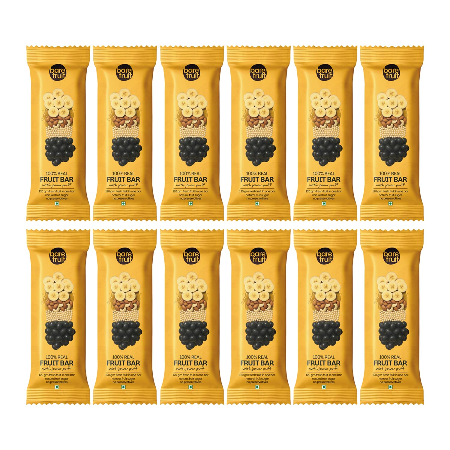 [BRSRGAL4BB7AY3LF] Barefruit Real Fruit Bar with Jowar Puff | Shark Tank India Brand | Solar Dried Banana, Black Grapes & Almonds | High Fiber Healthy Millet Energy Snack | No Preservatives, No Added Sugar (12 Packets)